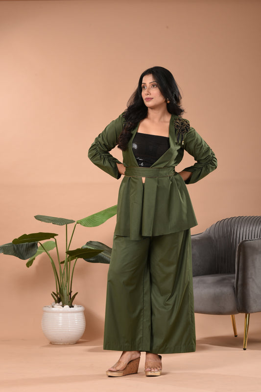Hand Embroidered Cotton Jacket Co-ord Set D Lime Green, Olive, Rust