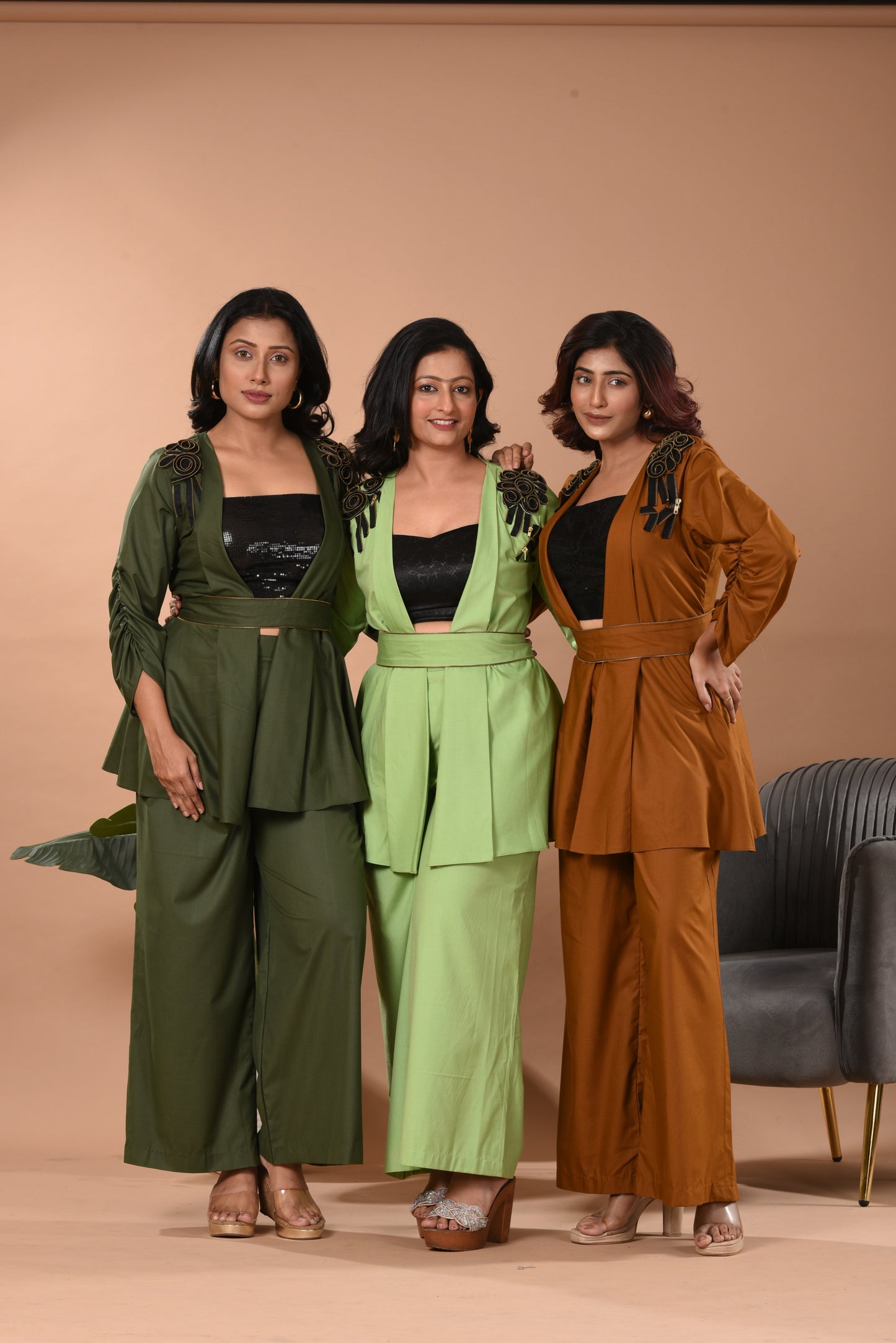 Hand Embroidered Cotton Jacket Co-ord Set D Lime Green, Olive, Rust