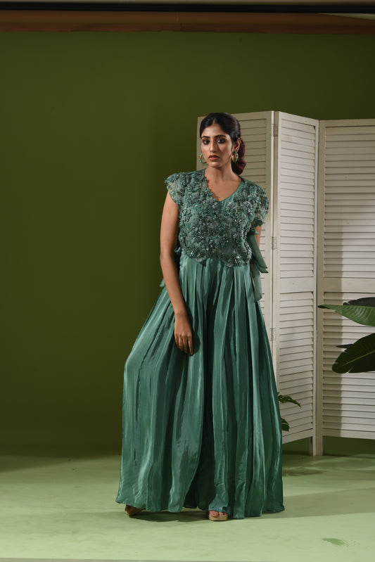 Hand Embroidered Jumpsuit with Organza Jacket Ð Green & Lavender