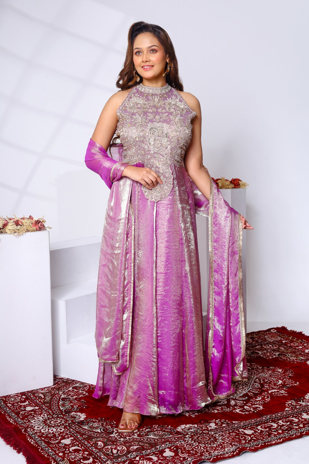 Zardozi embroidered halter neck gown and dupatta