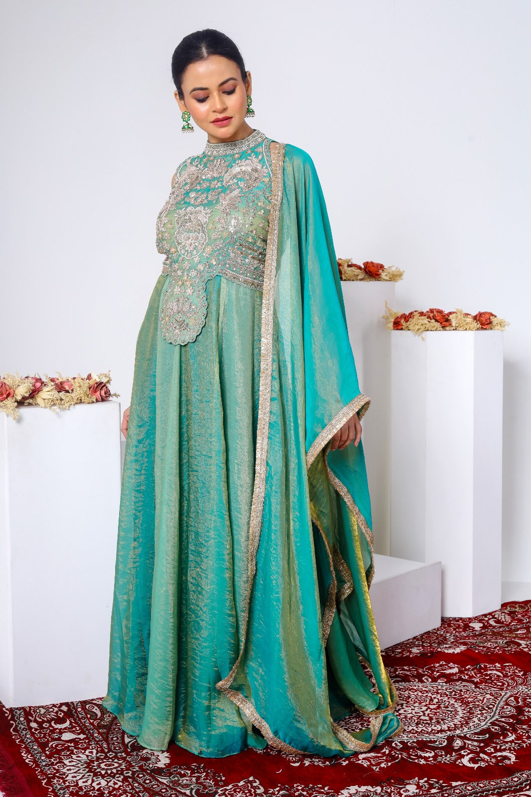 Zardozi embroidered halter neck gown and dupatta