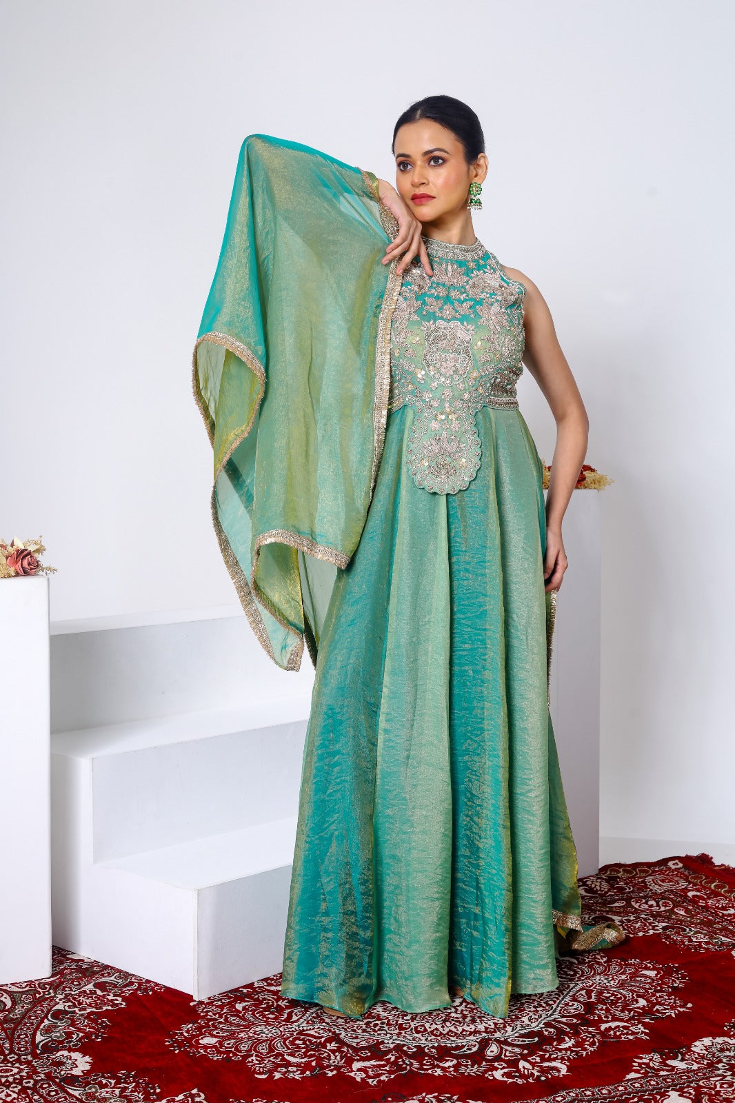 Zardozi embroidered halter neck gown and dupatta