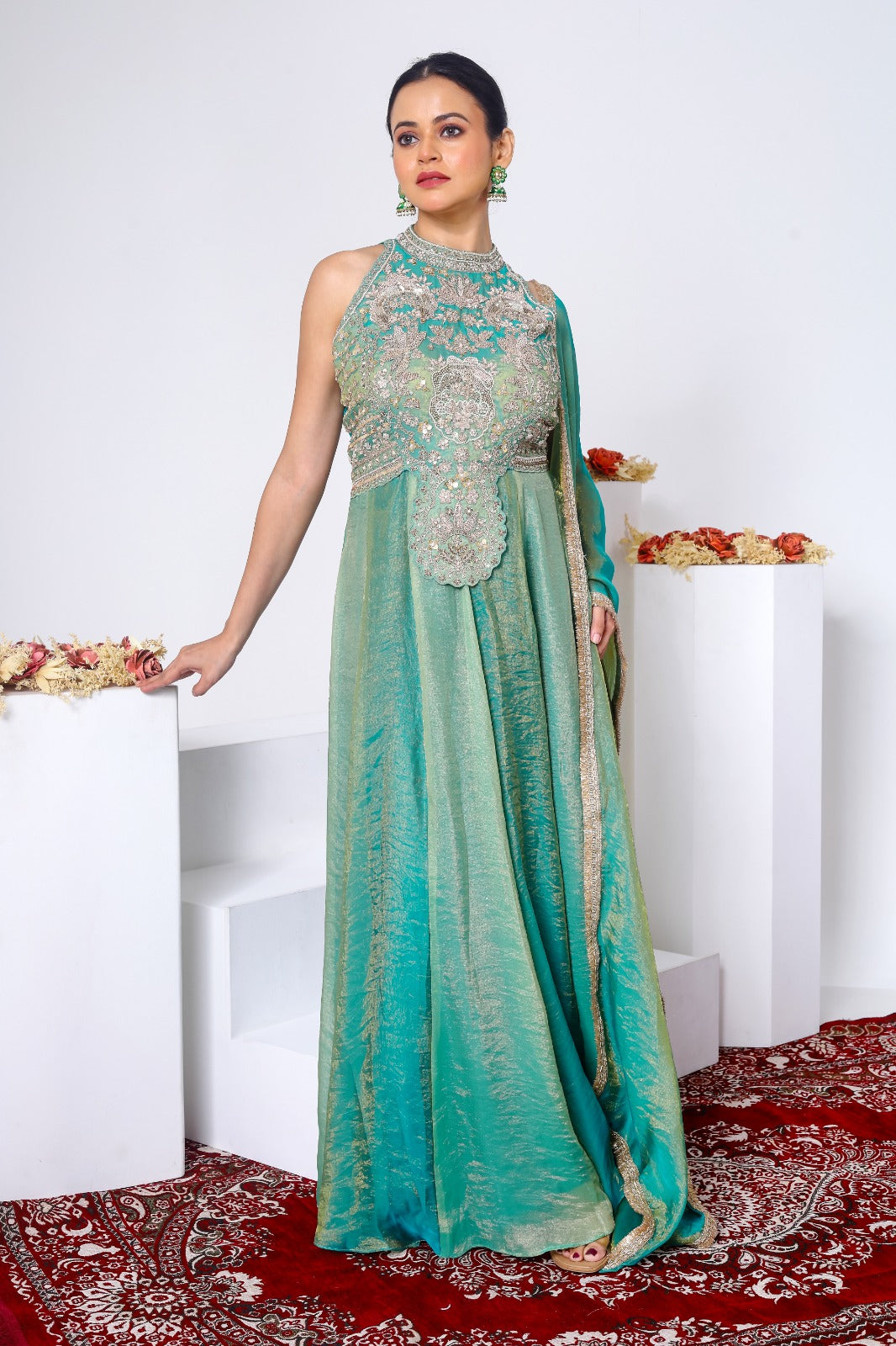 Zardozi embroidered halter neck gown and dupatta