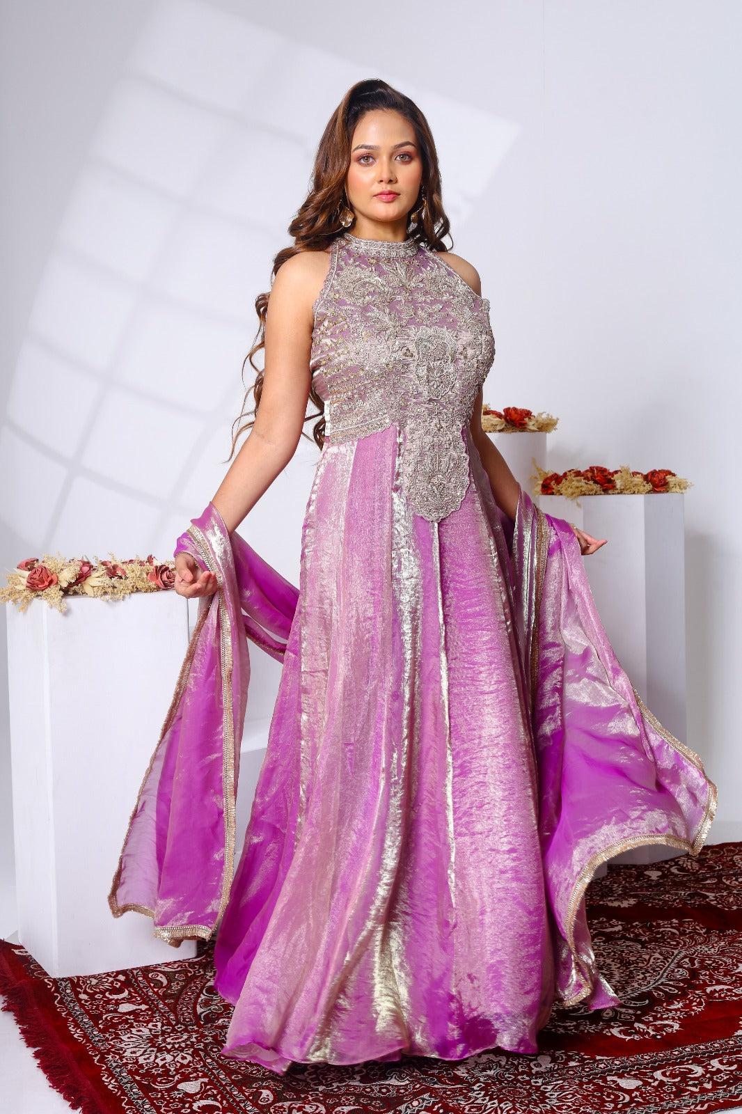 Zardozi embroidered halter neck gown and dupatta