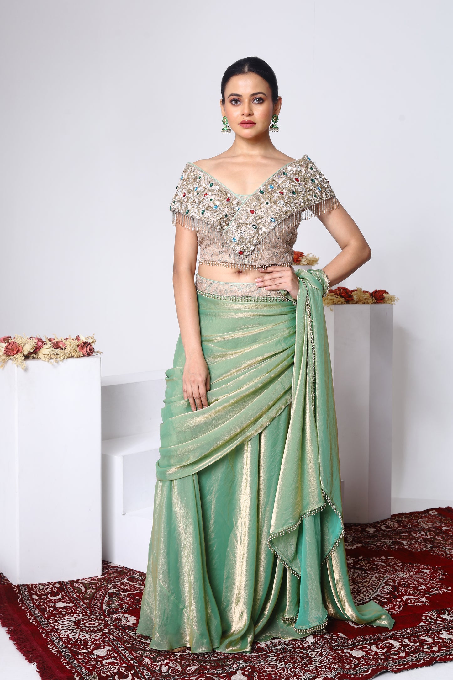 Off Shoulder Blouse, Drape skirt with detachable drape