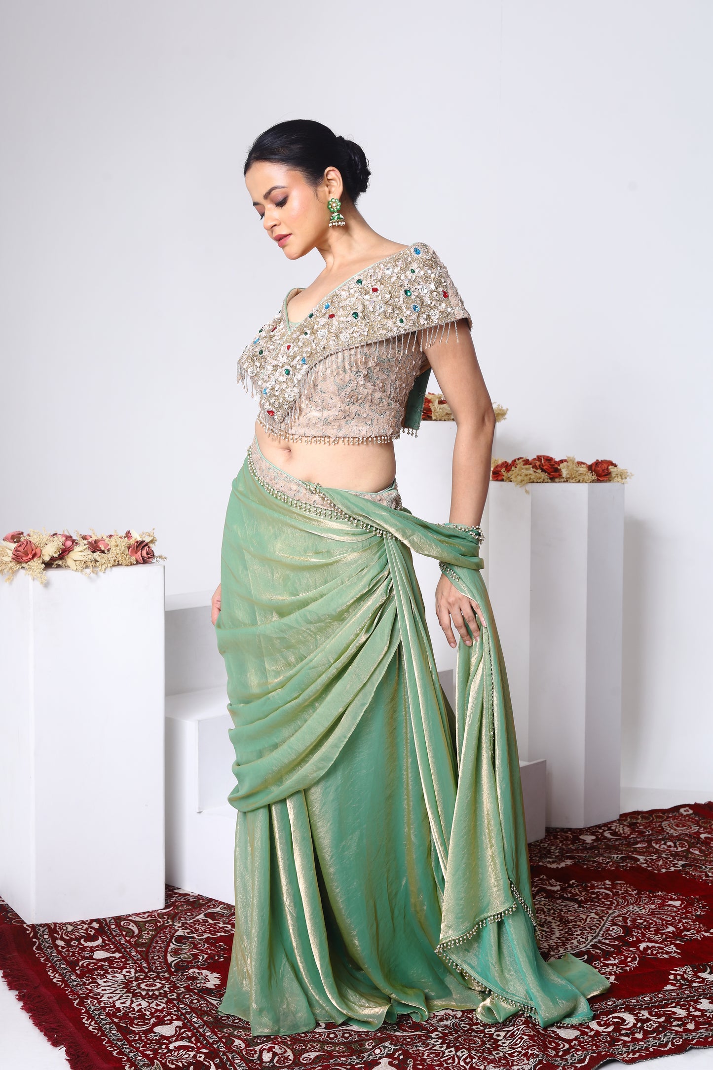 Off Shoulder Blouse, Drape skirt with detachable drape