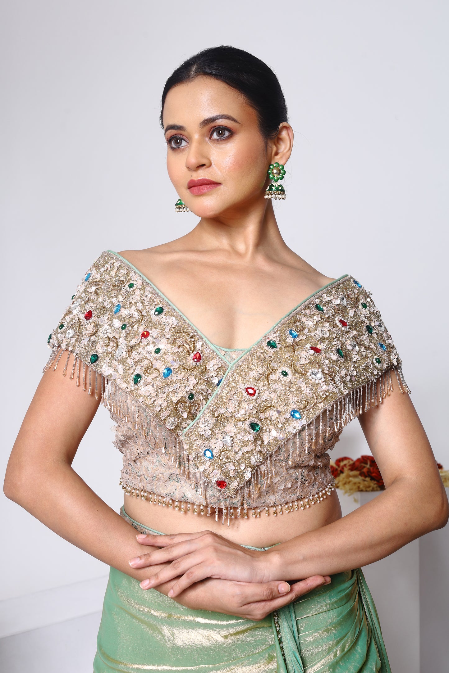 Off Shoulder Blouse, Drape skirt with detachable drape