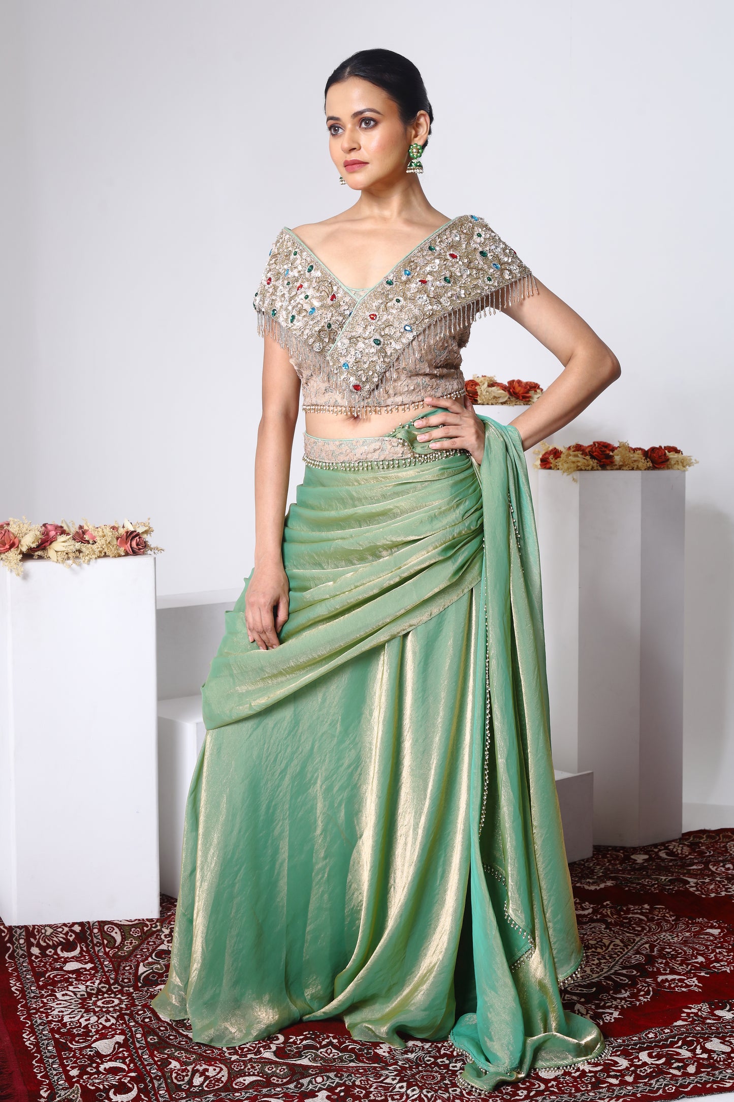 Off Shoulder Blouse, Drape skirt with detachable drape