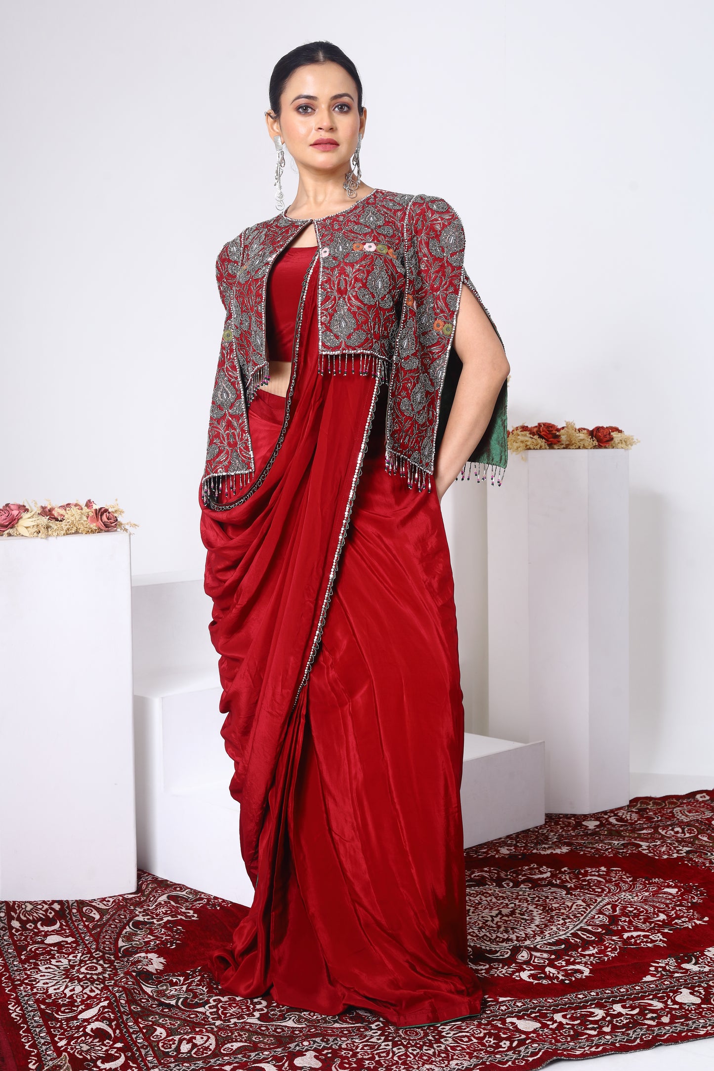 Brocade Trench coat and wrap around Saree