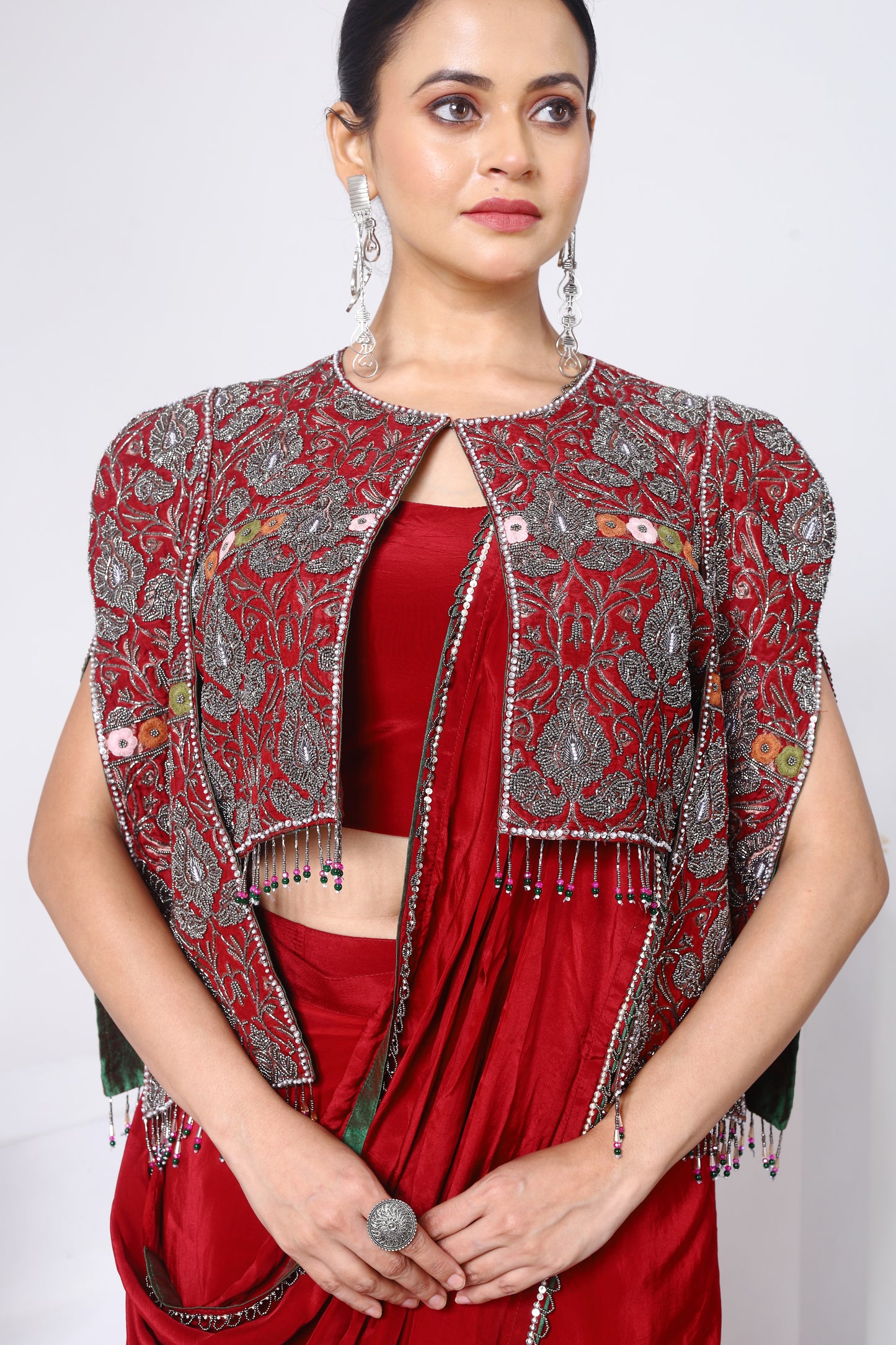 Brocade Trench coat and wrap around Saree