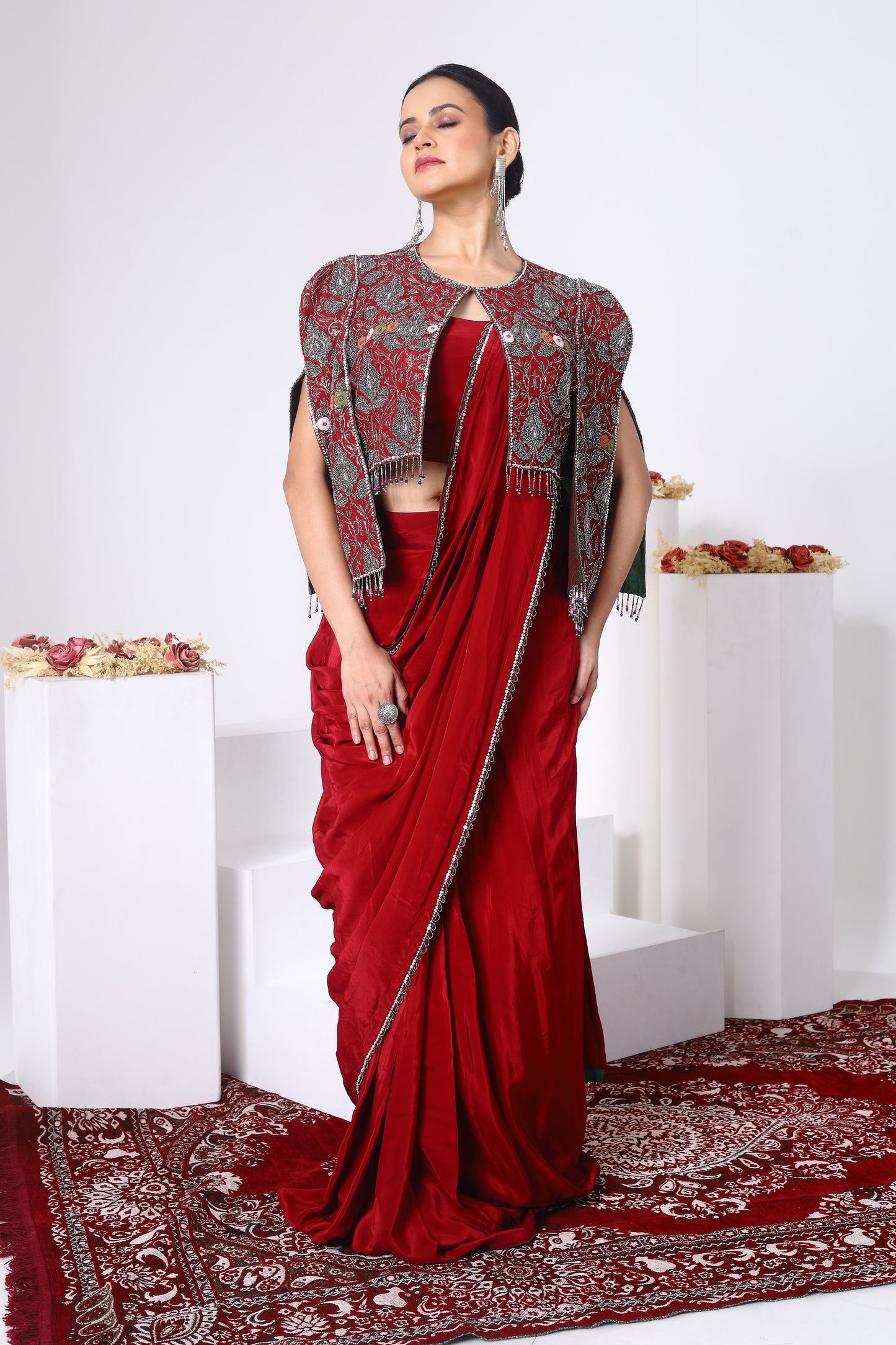 Brocade Trench coat and wrap around Saree