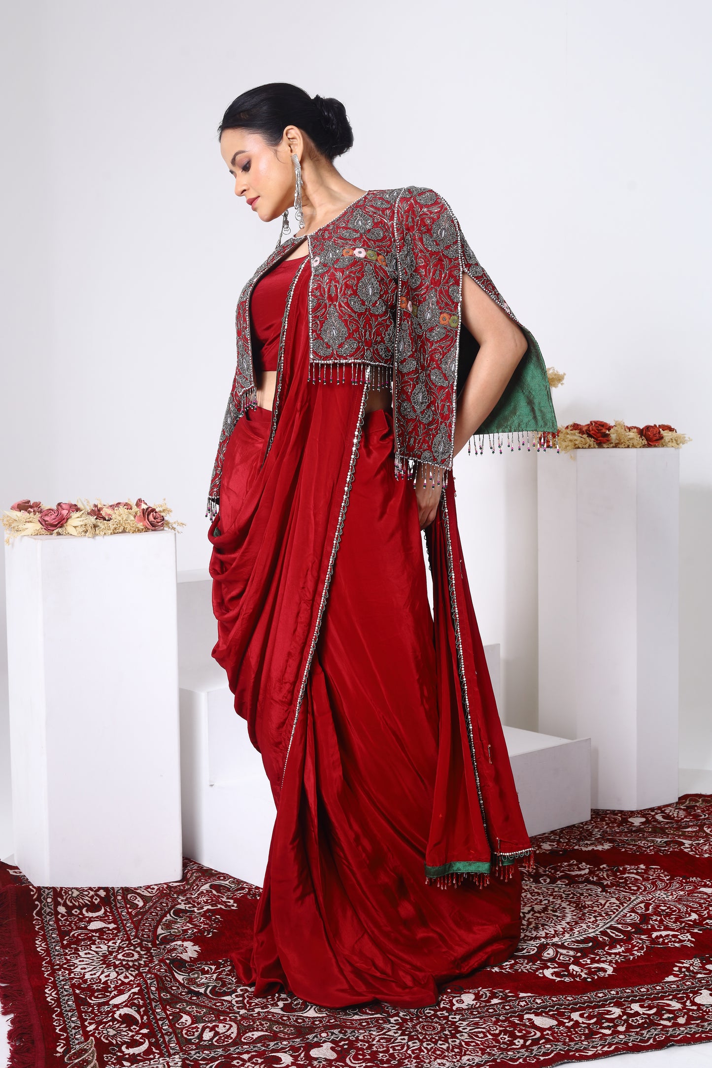 Brocade Trench coat and wrap around Saree