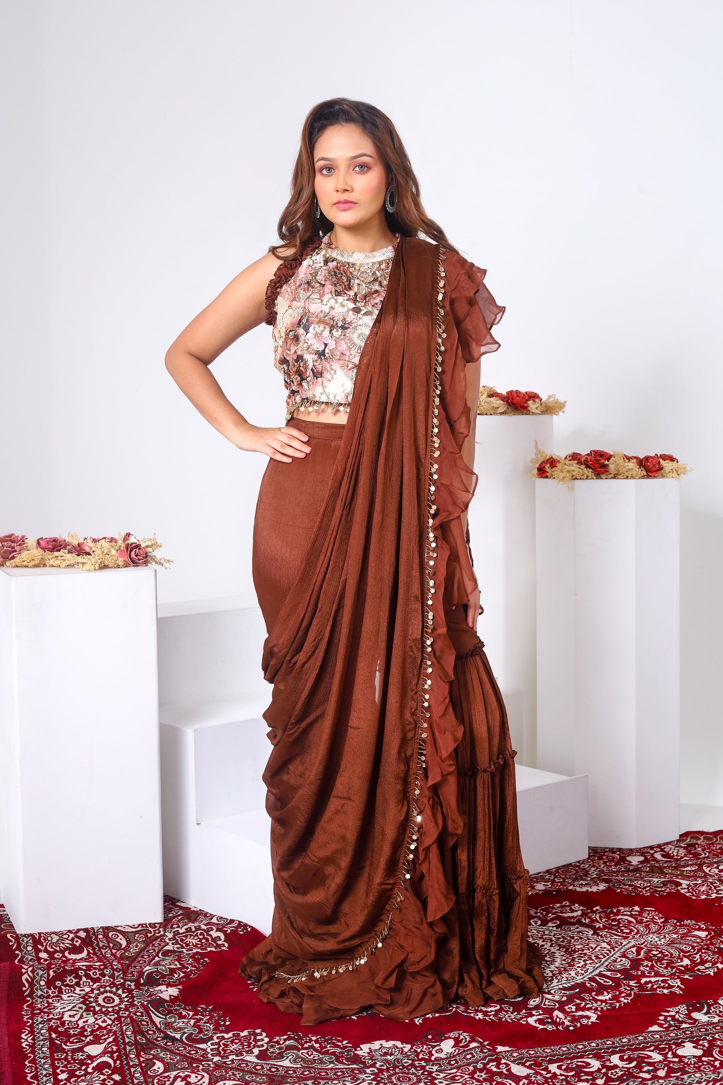 Printed blouse and drape attached layered sharara
