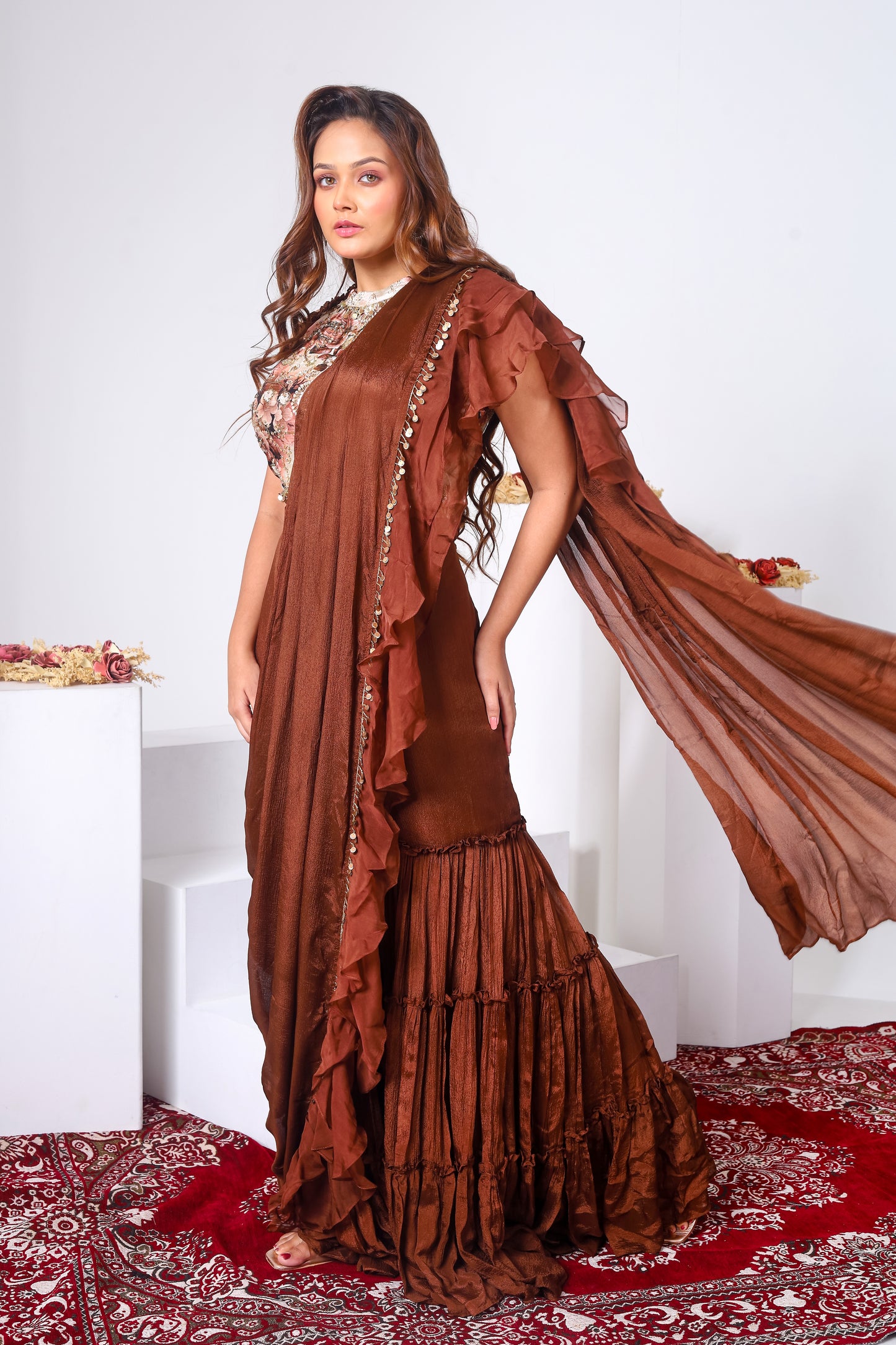 Printed blouse and drape attached layered sharara