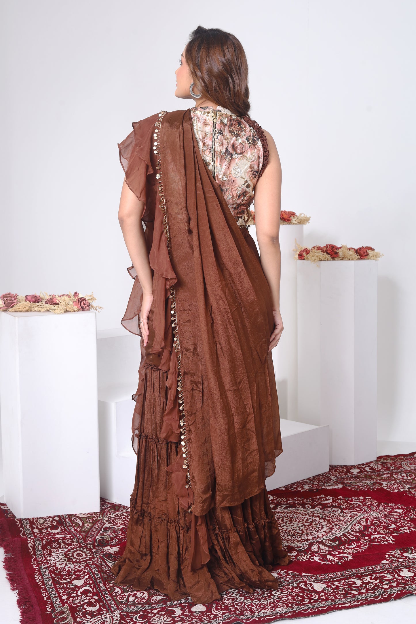 Printed blouse and drape attached layered sharara