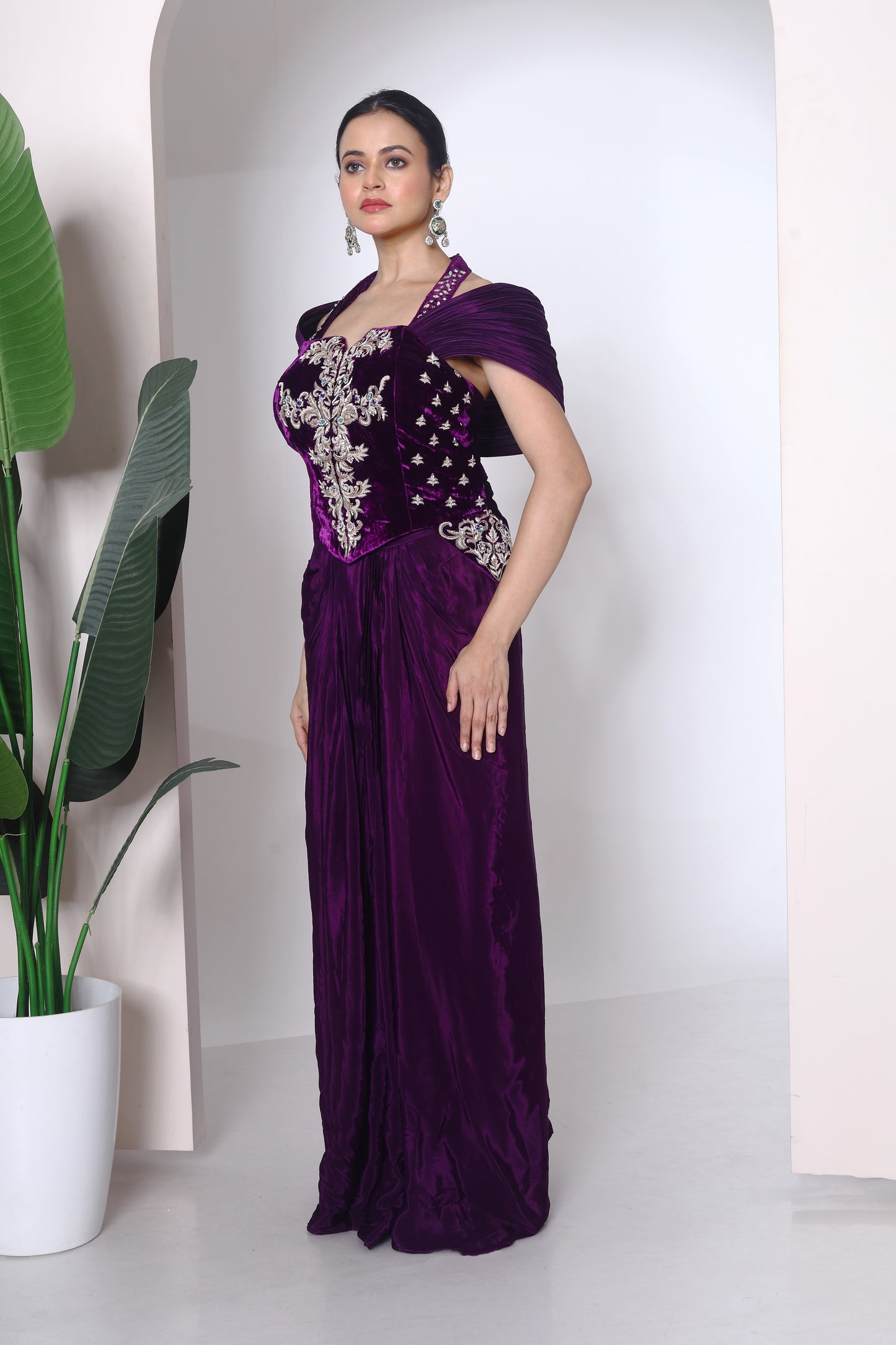 Structured wired shoulder drape corset and drape skirt