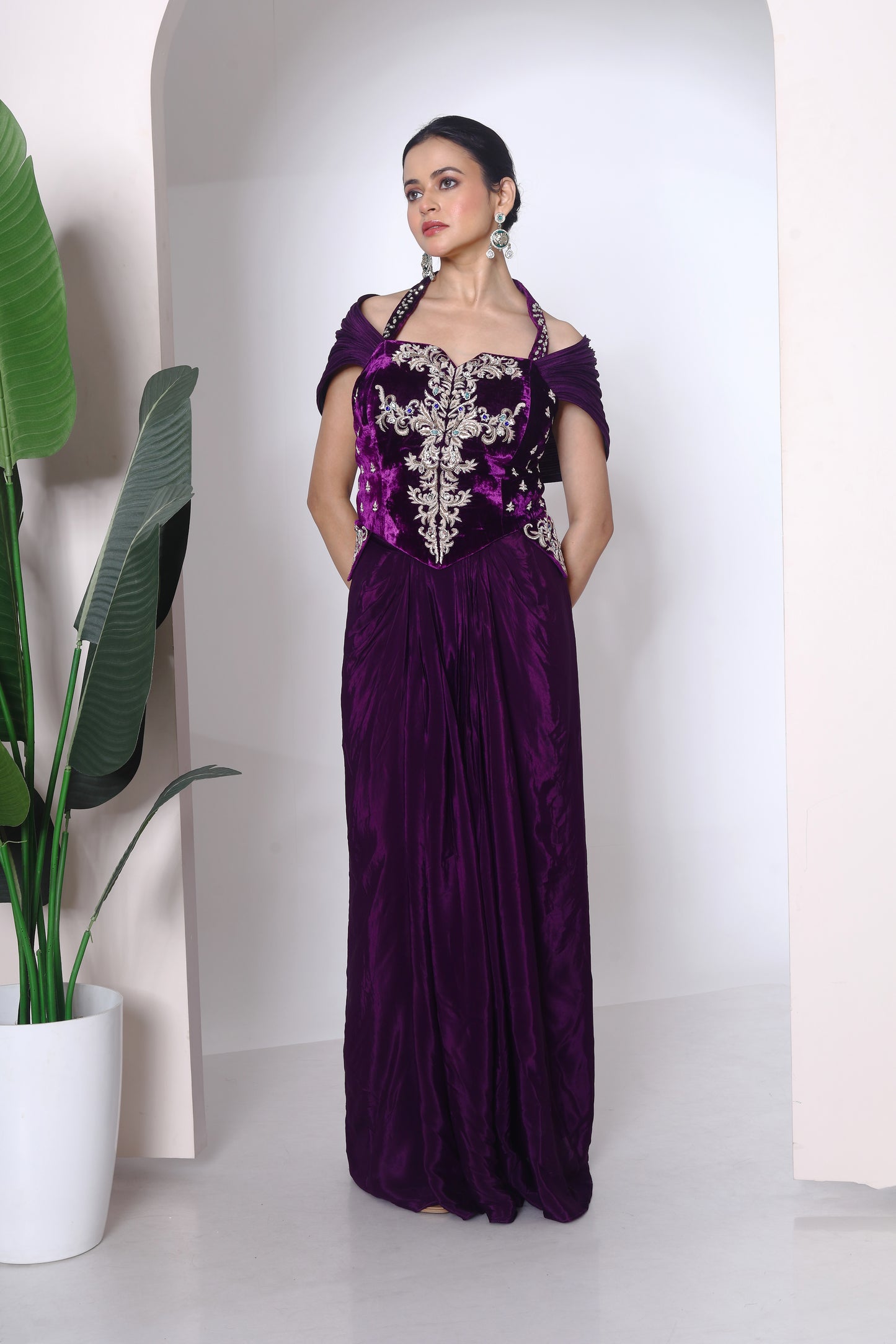 Structured wired shoulder drape corset and drape skirt