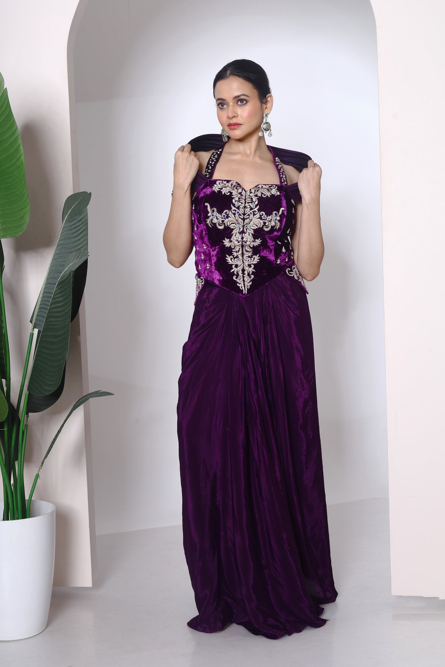 Structured wired shoulder drape corset and drape skirt