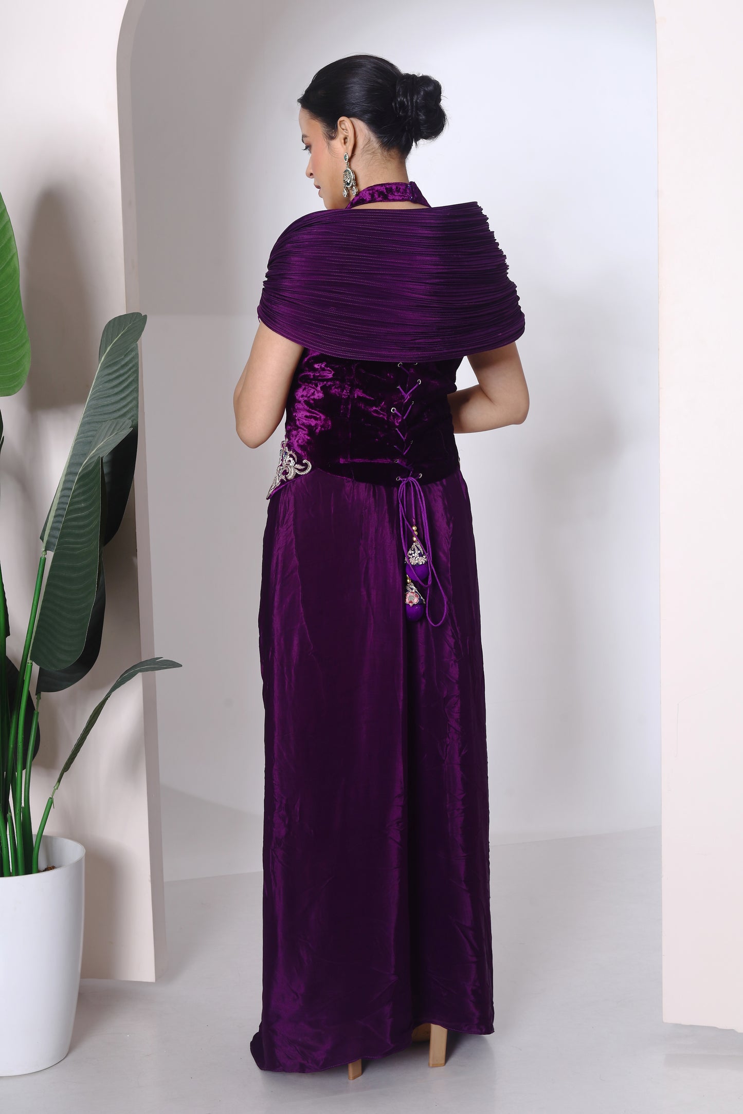 Structured wired shoulder drape corset and drape skirt