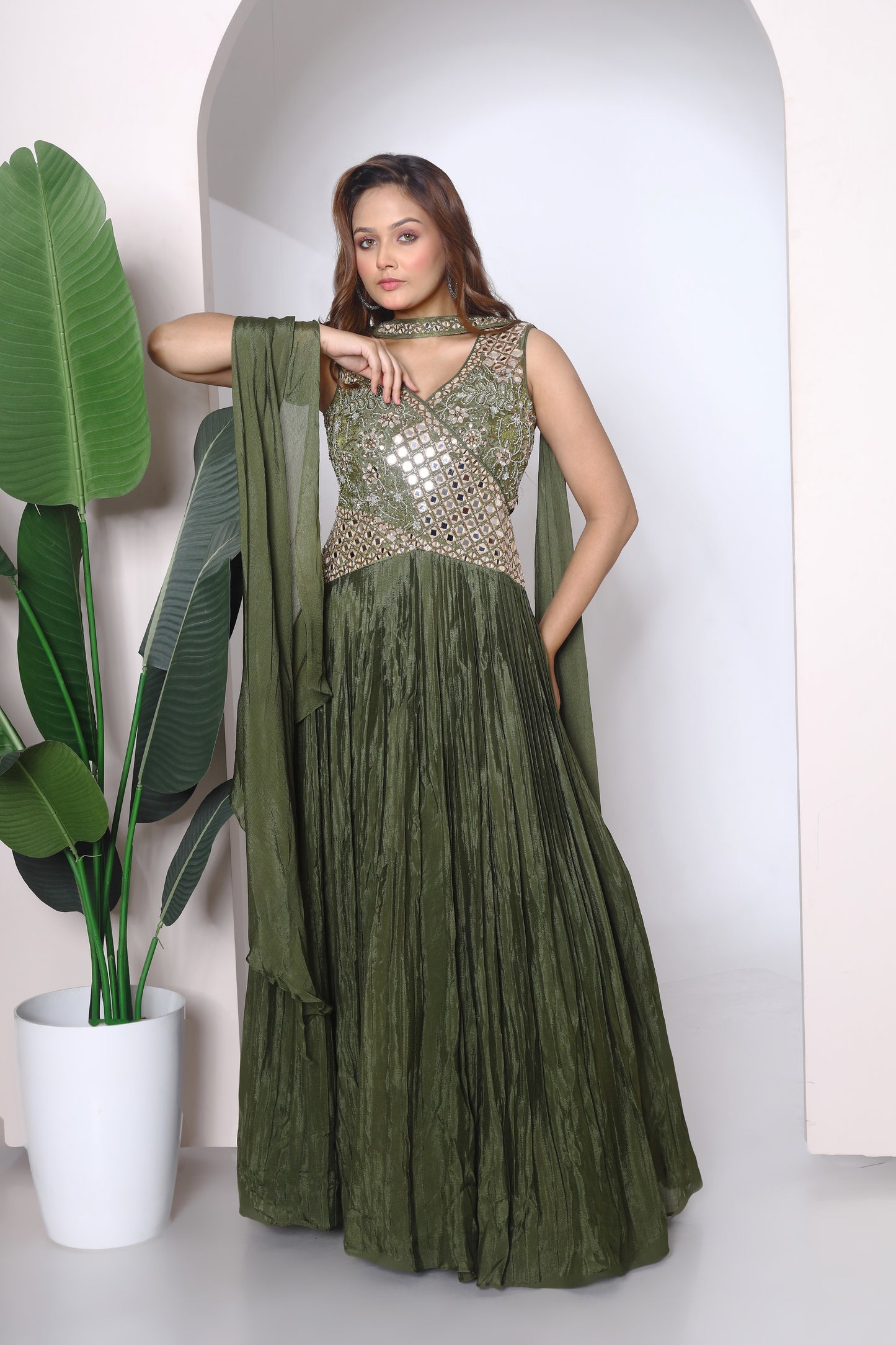 Mirror embroidered yoke gown with chokker Dupatta
