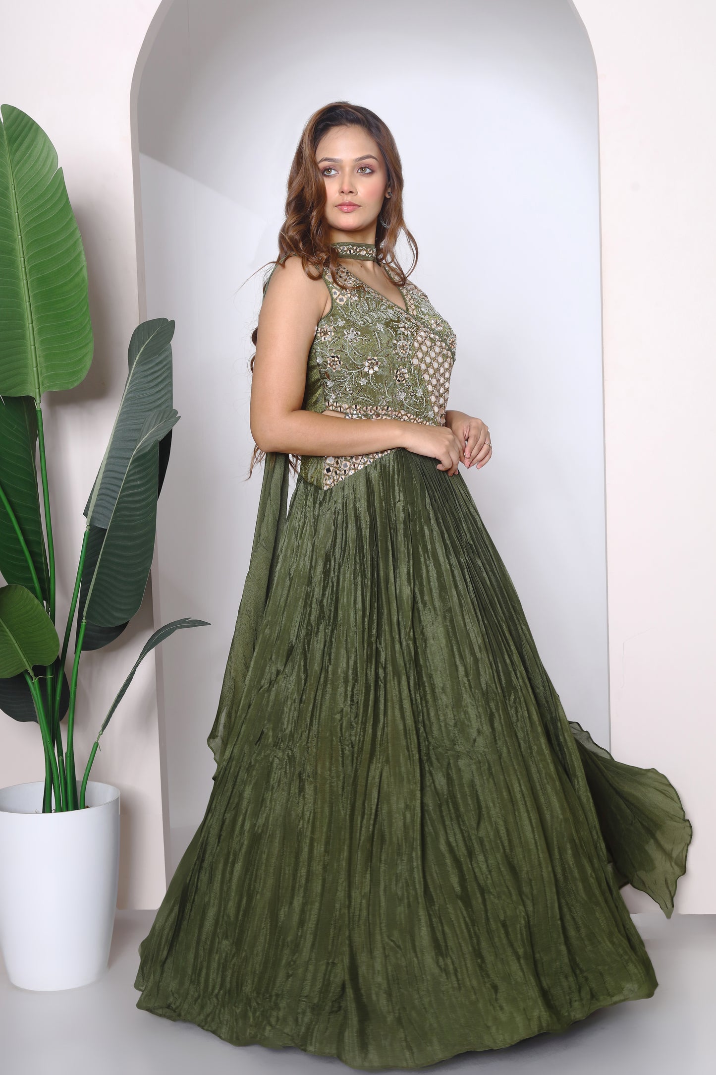 Mirror embroidered yoke gown with chokker Dupatta