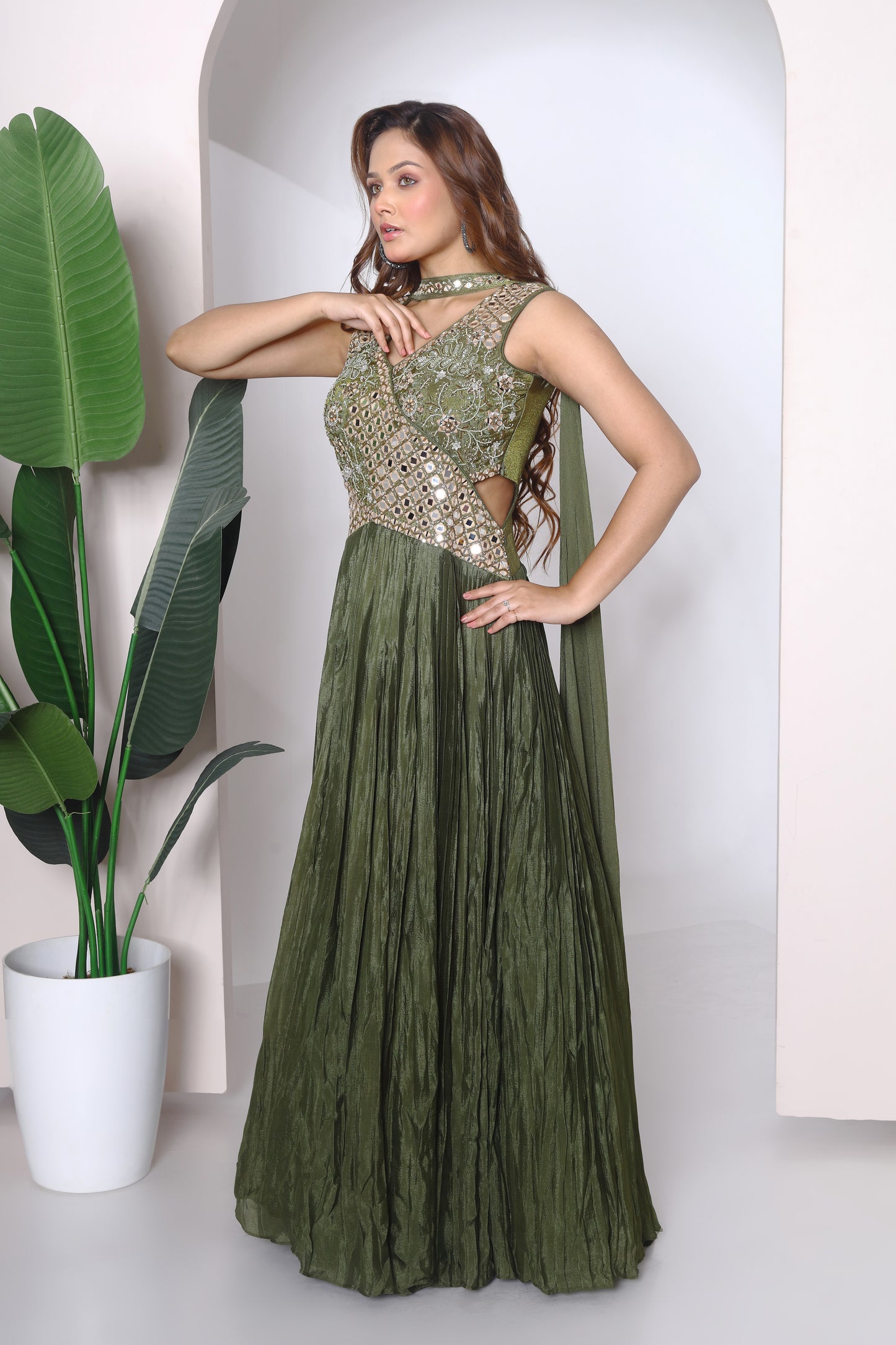 Mirror embroidered yoke gown with chokker Dupatta