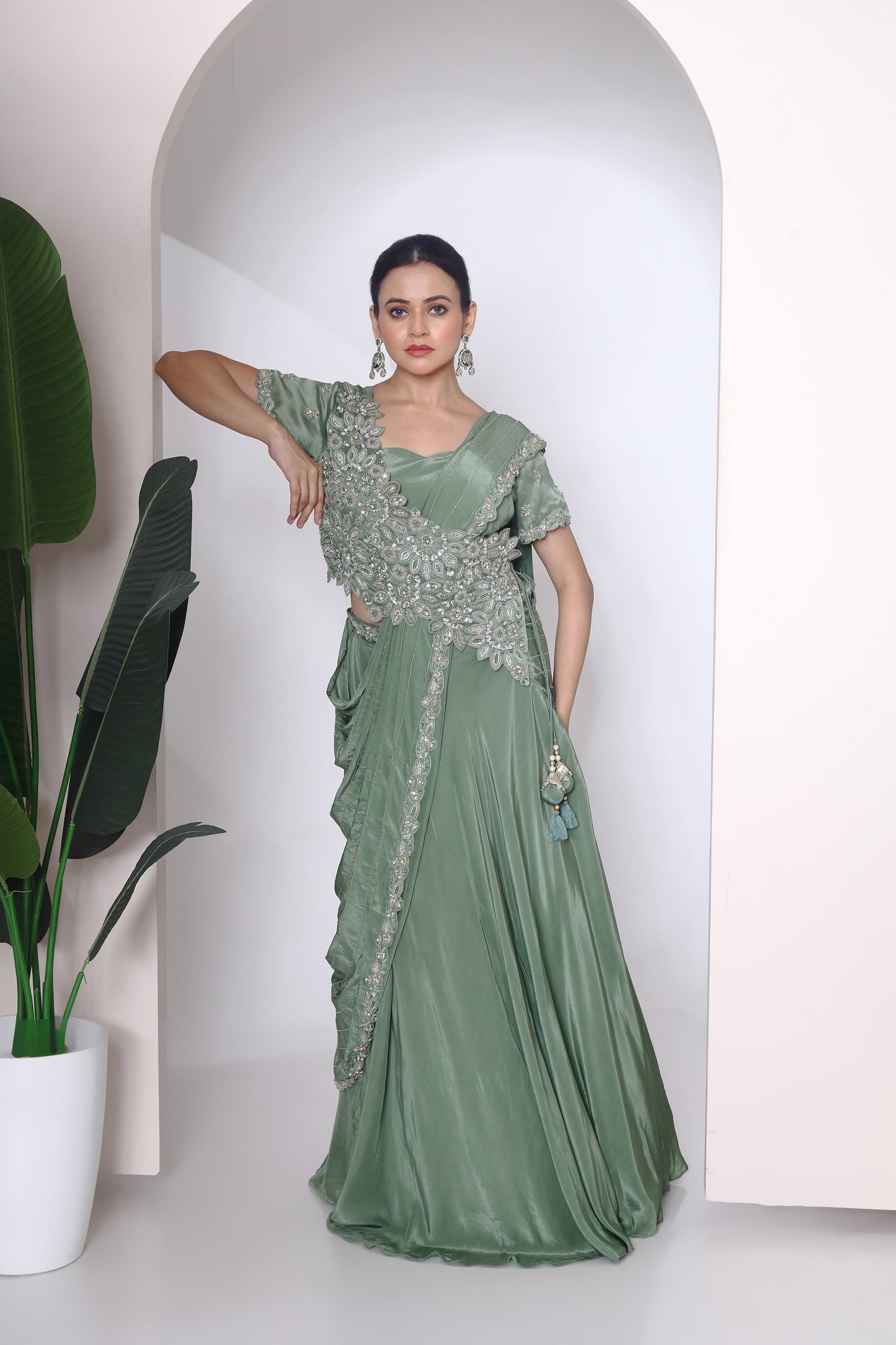 Crystal embroidered panel blouse and drape lehenga