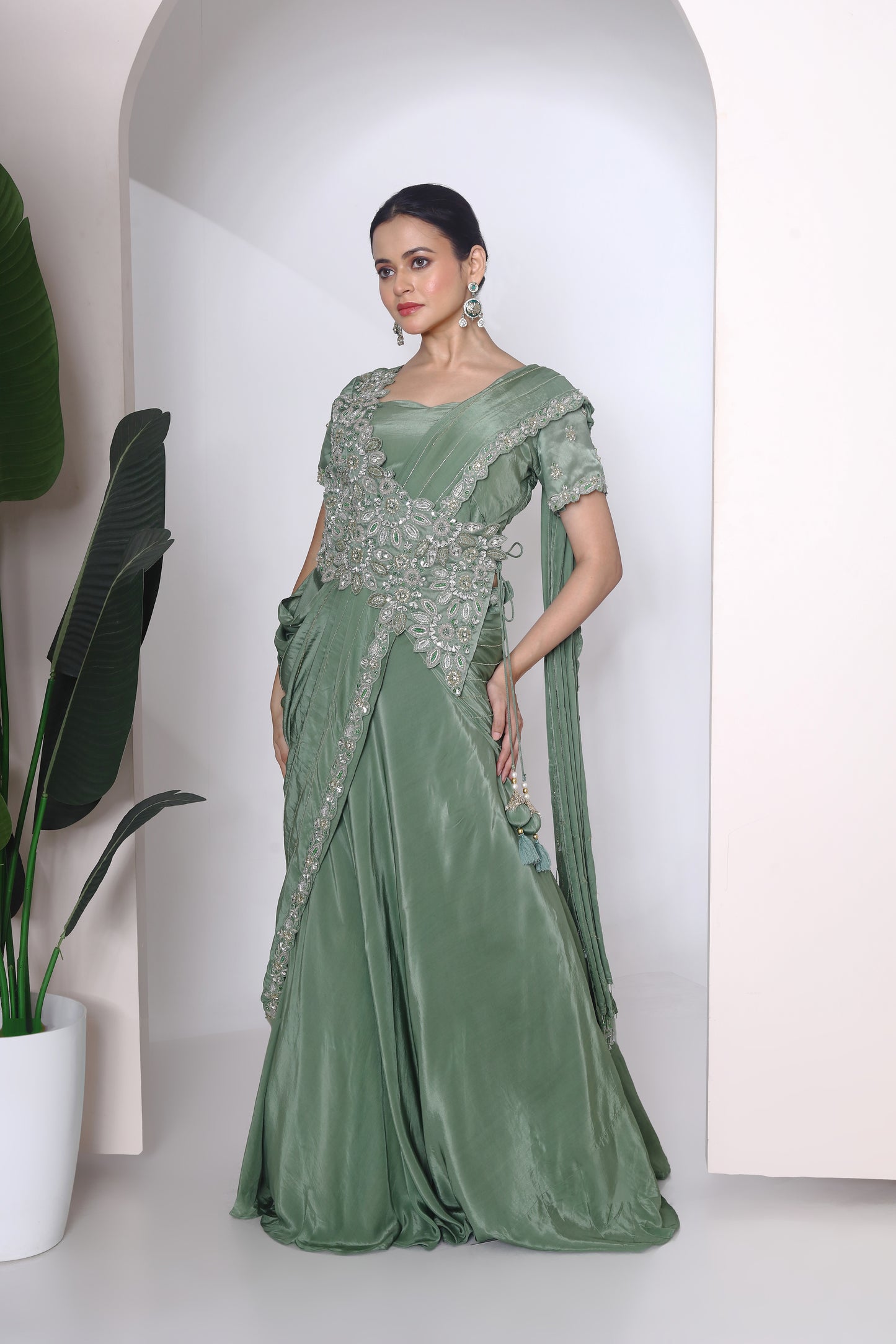 Crystal embroidered panel blouse and drape lehenga