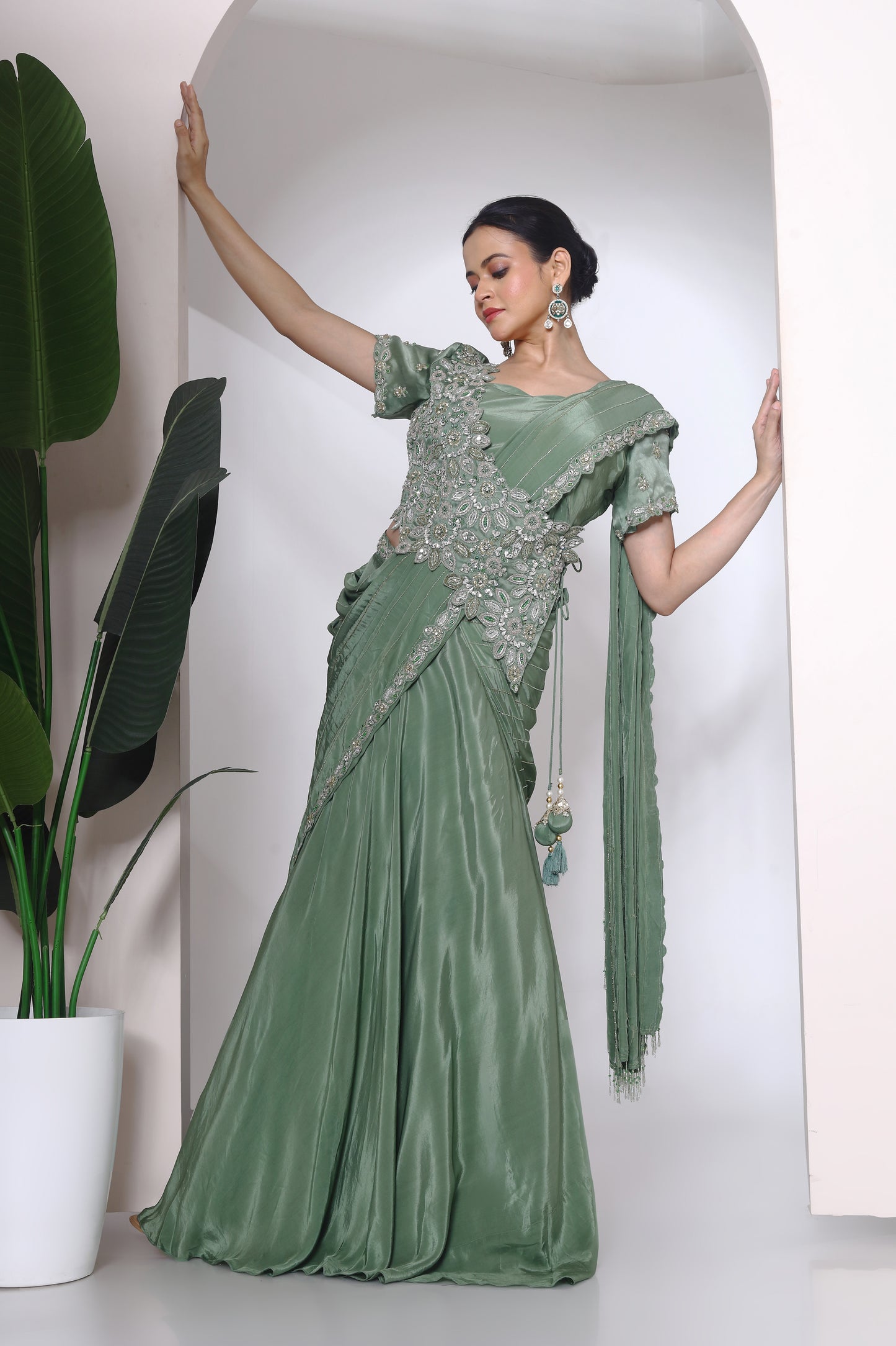 Crystal embroidered panel blouse and drape lehenga