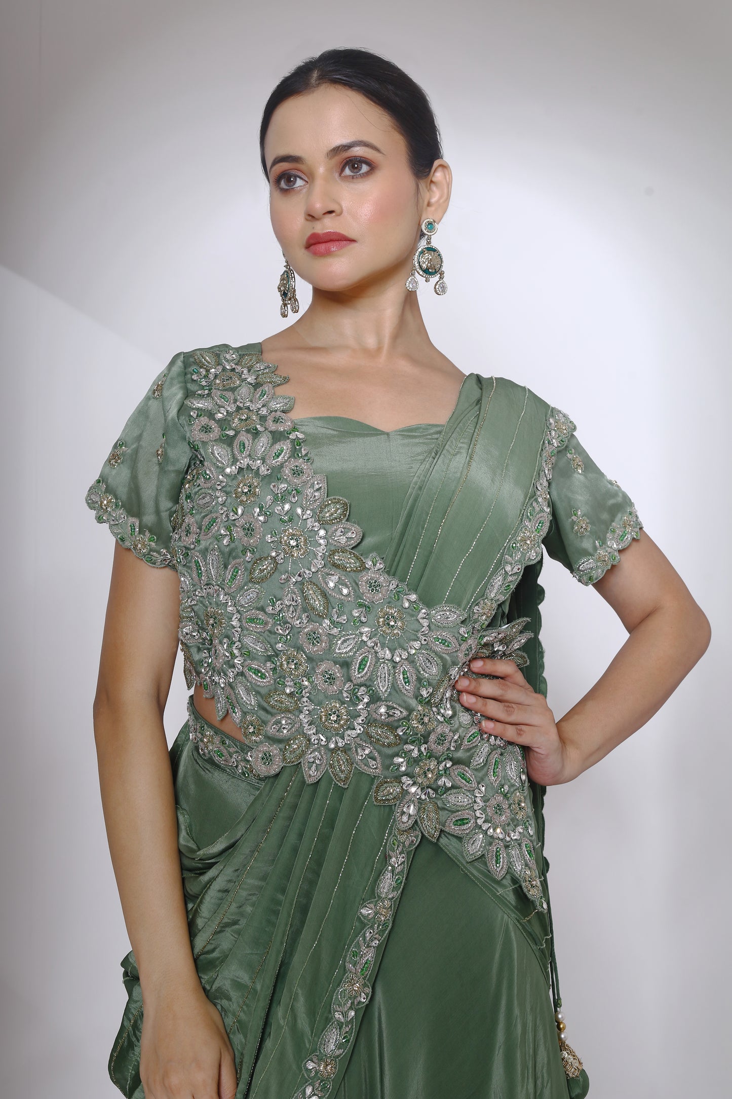 Crystal embroidered panel blouse and drape lehenga