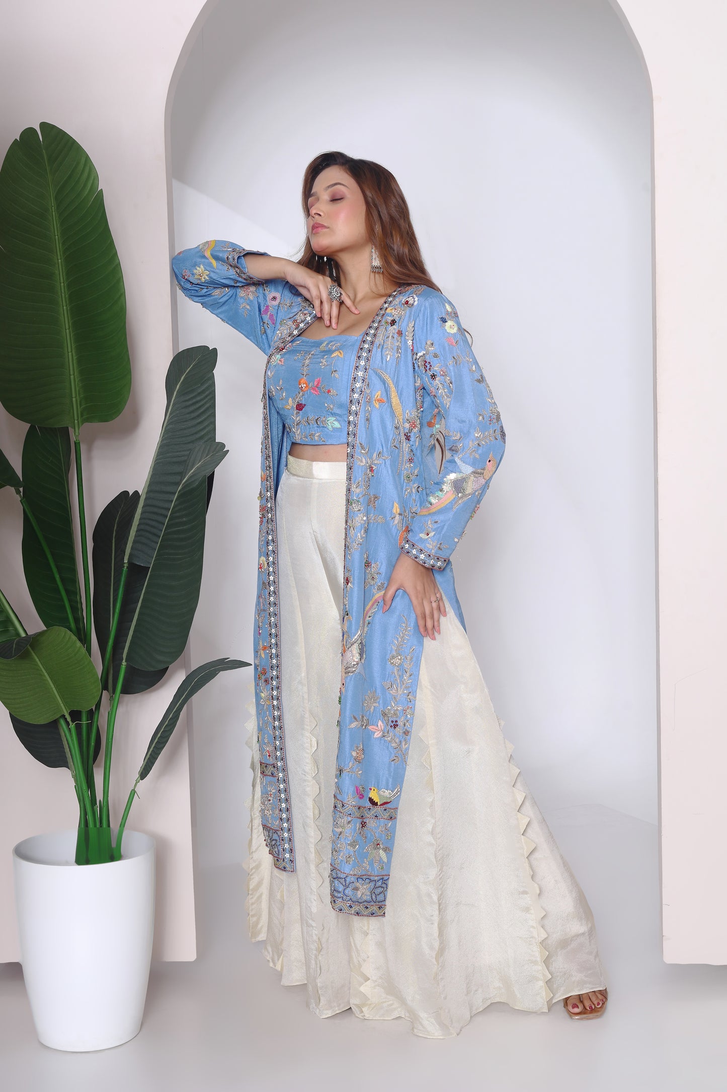 Embroidered jacket, bustier and plazzo