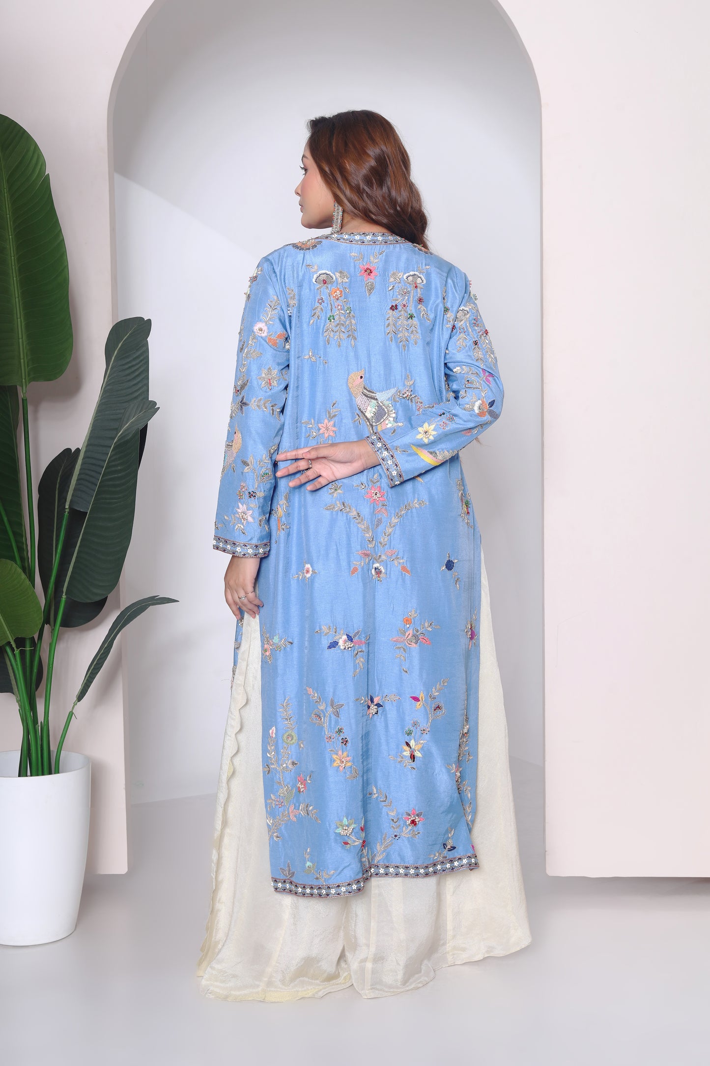 Embroidered jacket, bustier and plazzo
