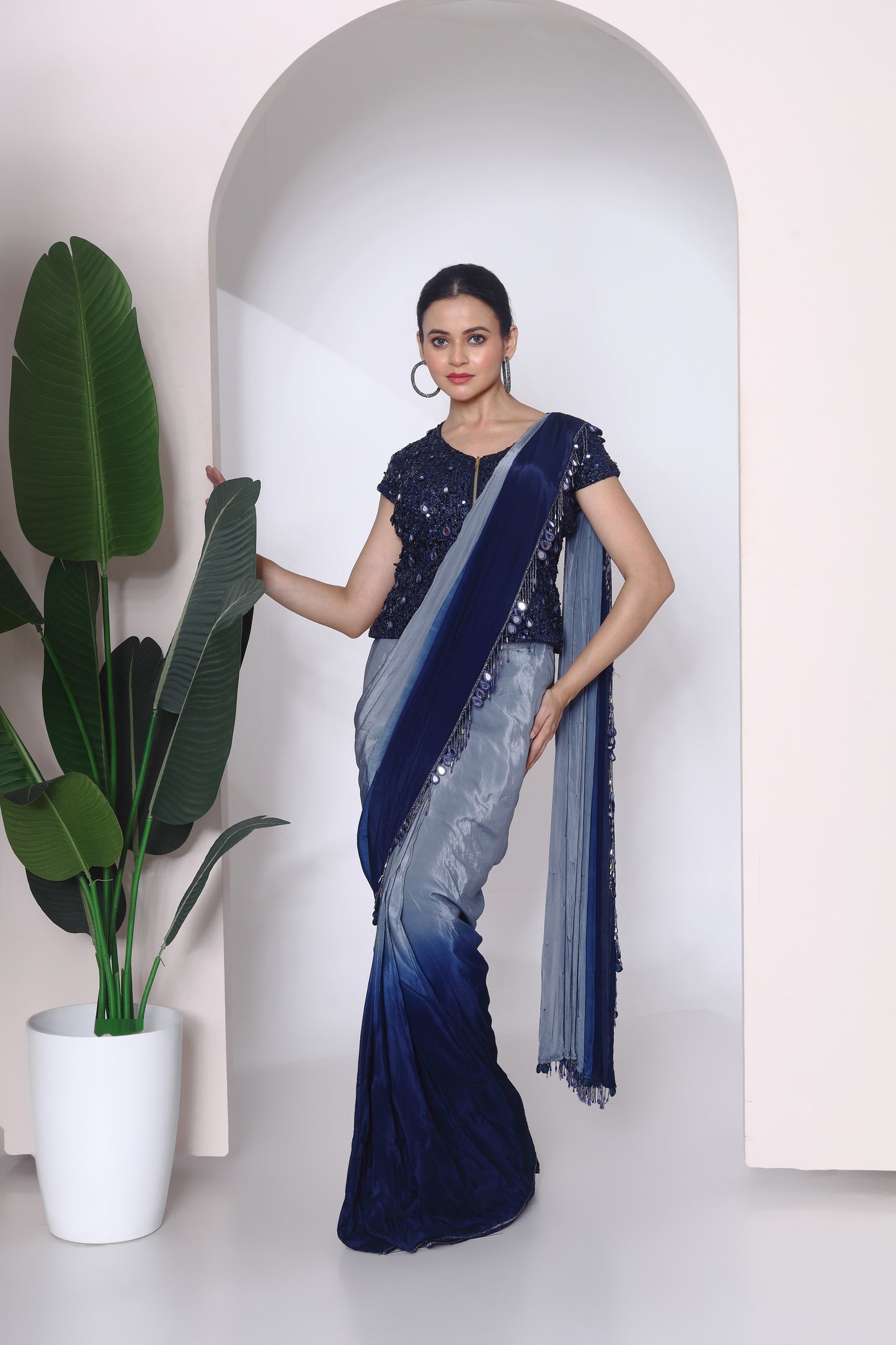 Shaded drape saree and kothi sequin blouse