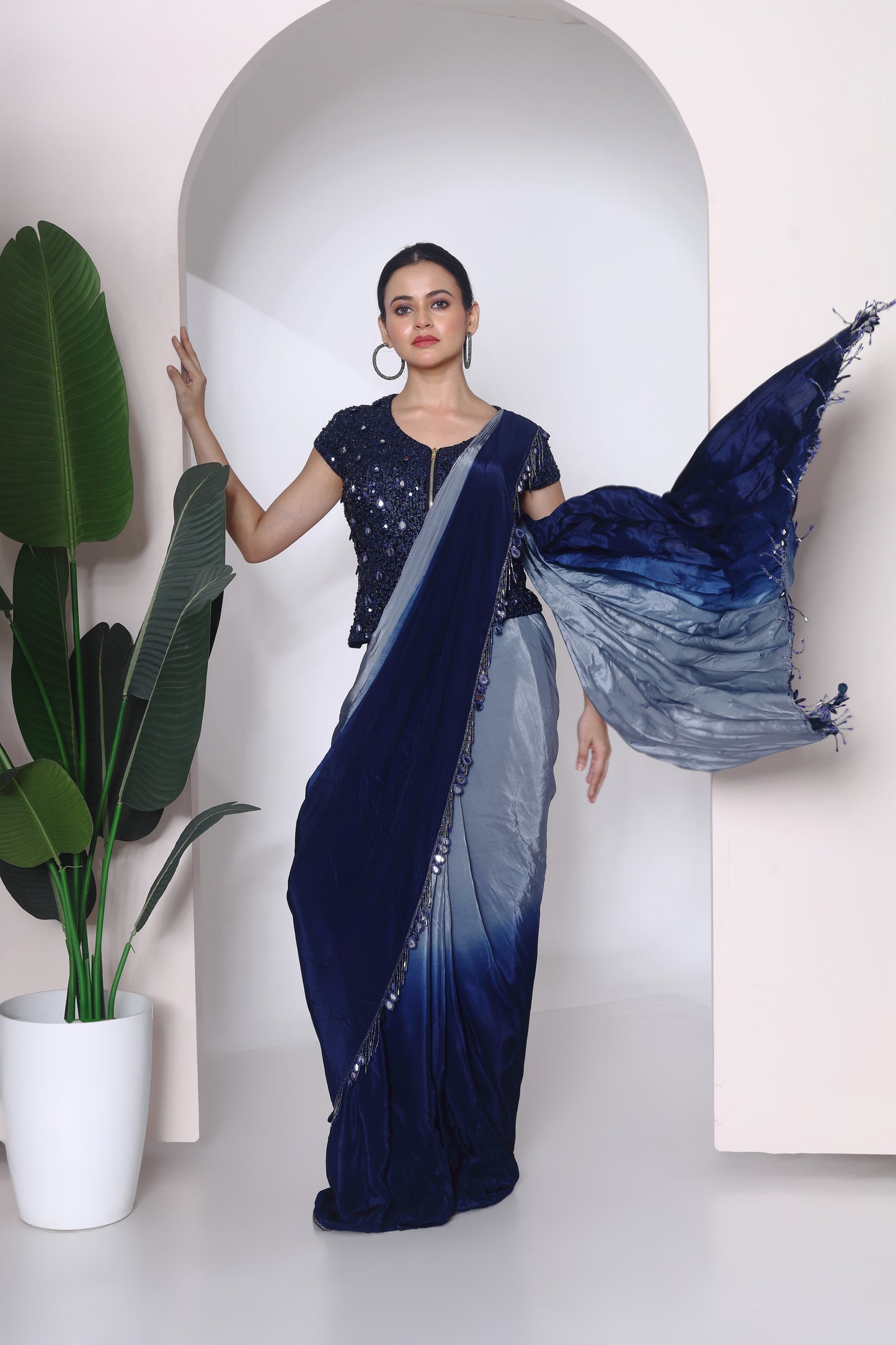 Shaded drape saree and kothi sequin blouse