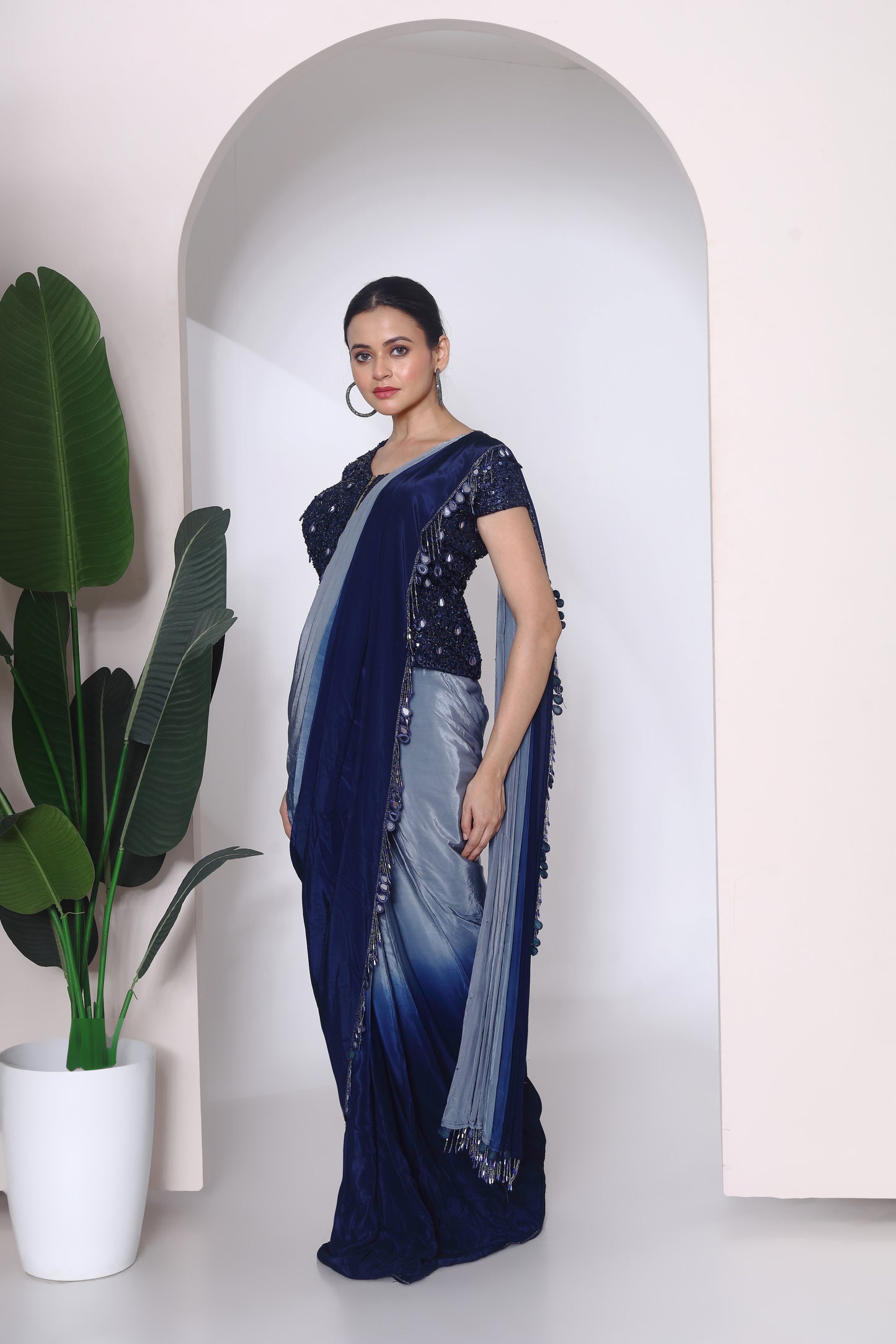 Shaded drape saree and kothi sequin blouse