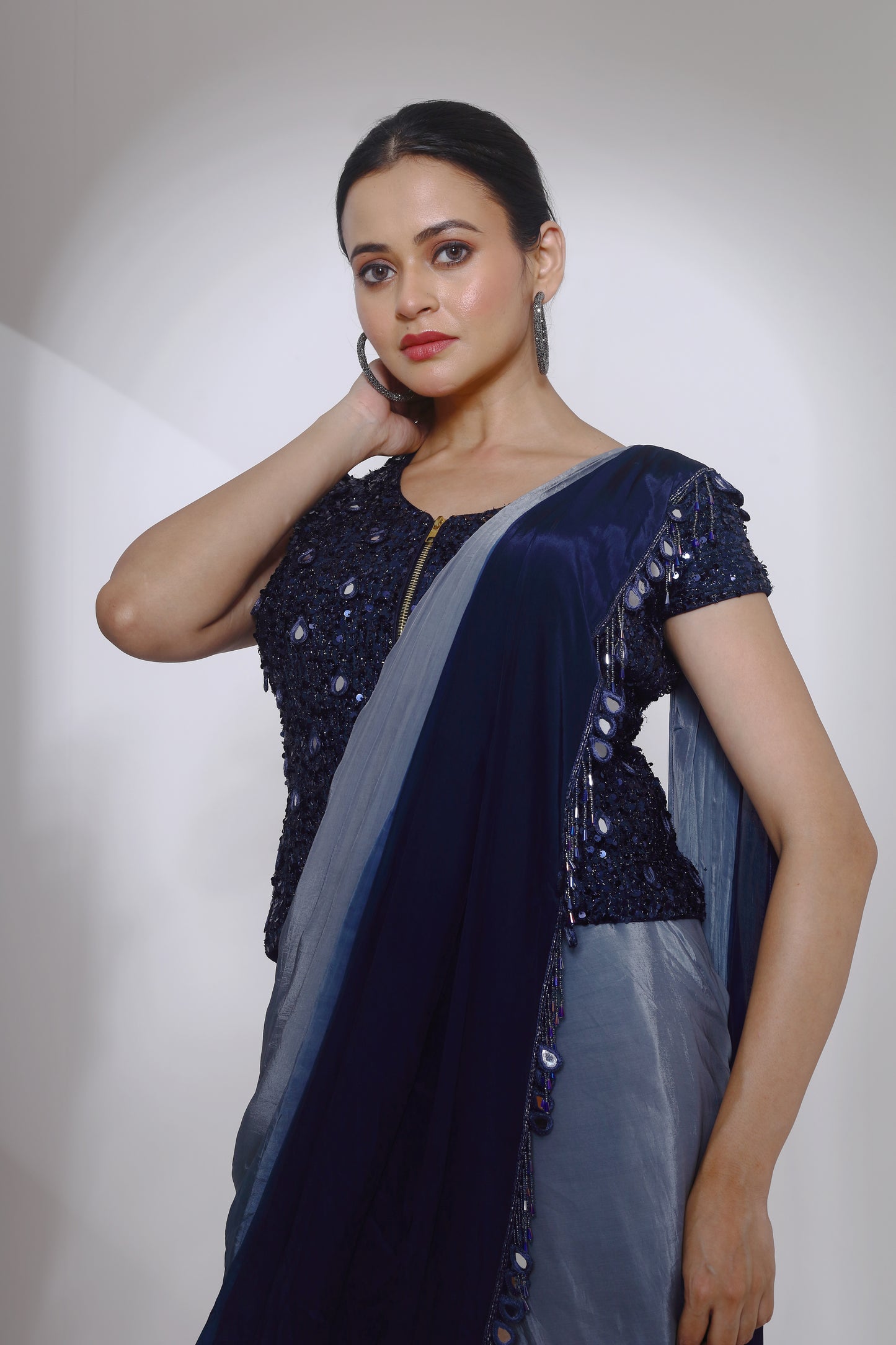 Shaded drape saree and kothi sequin blouse