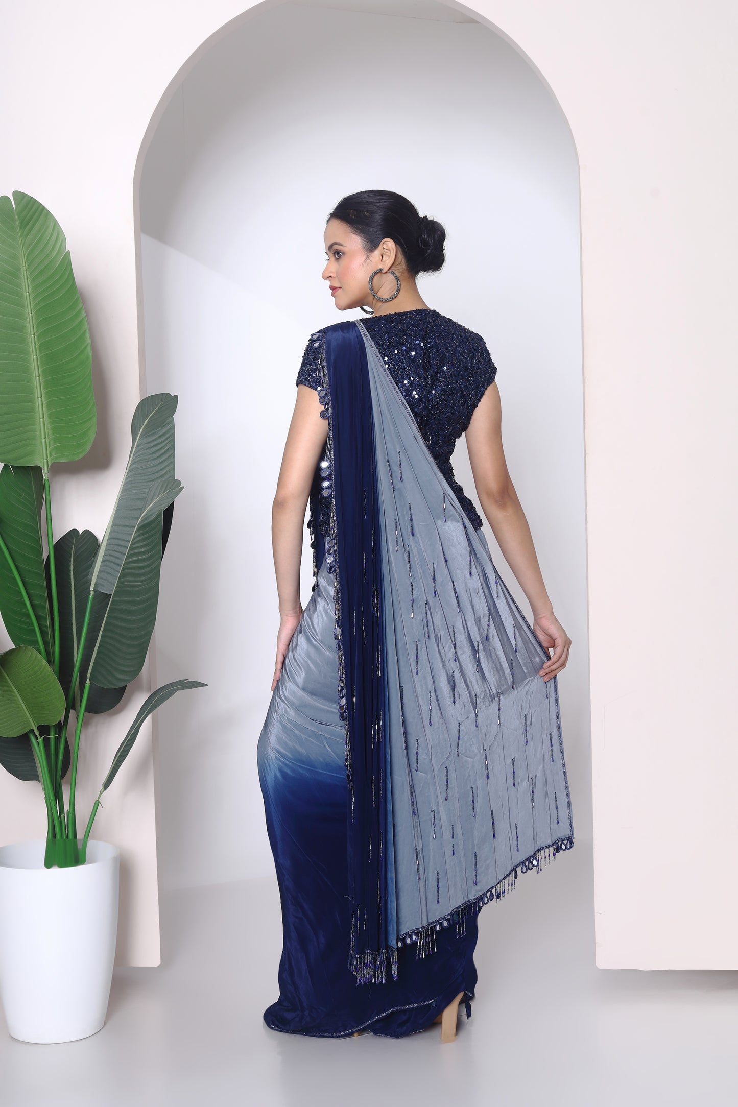 Shaded drape saree and kothi sequin blouse
