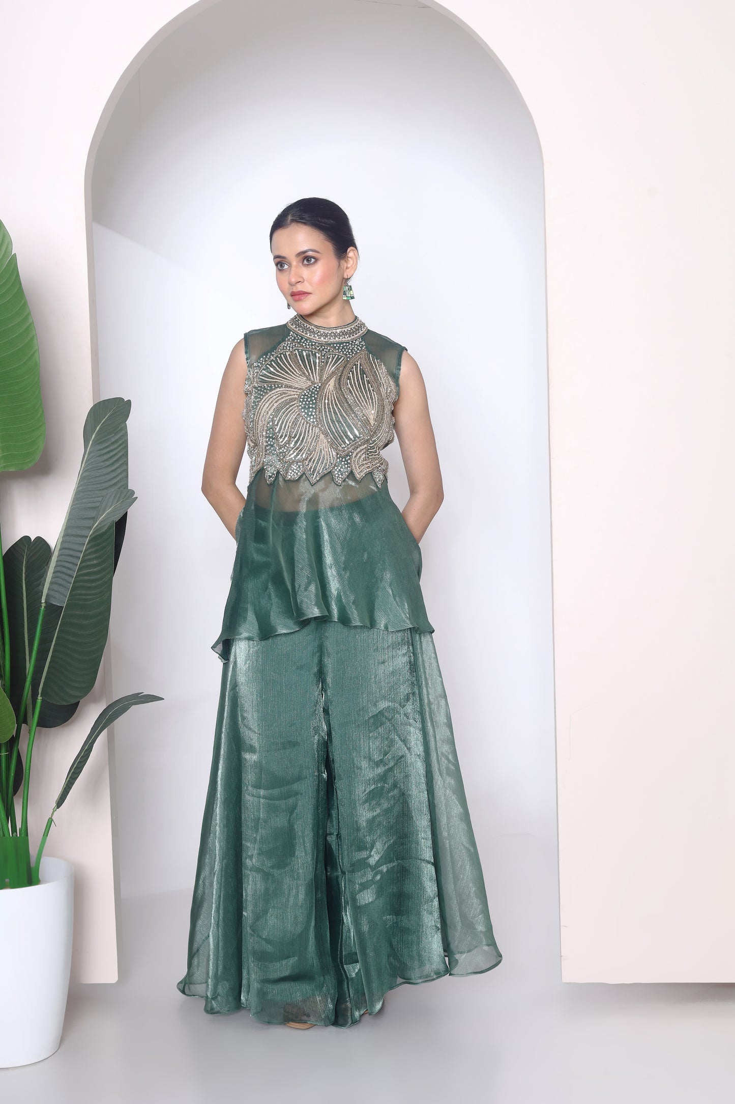 Embroidered peplum and plazzo pants