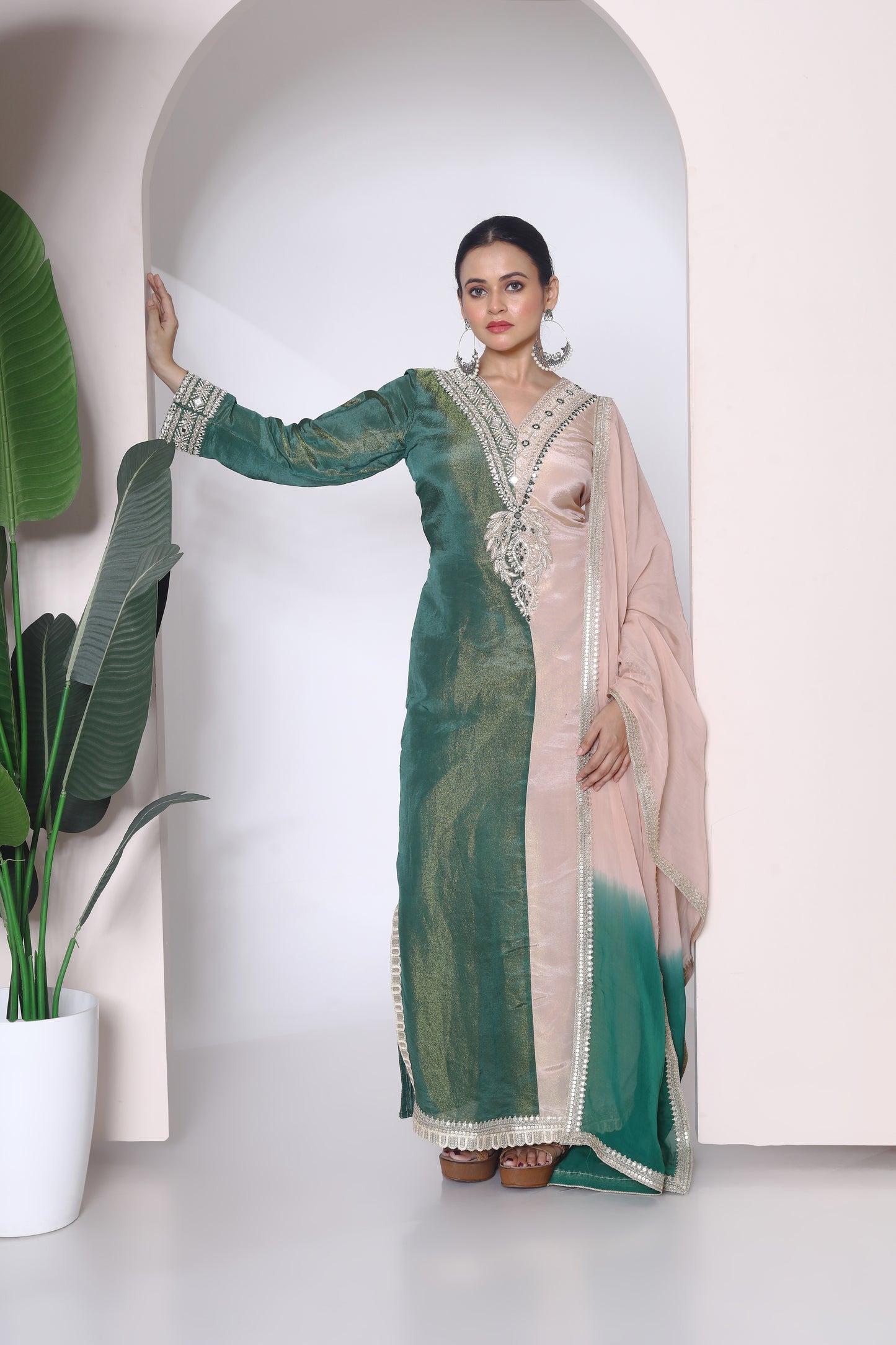 Half n half tissue kurta set with shaded dupatta