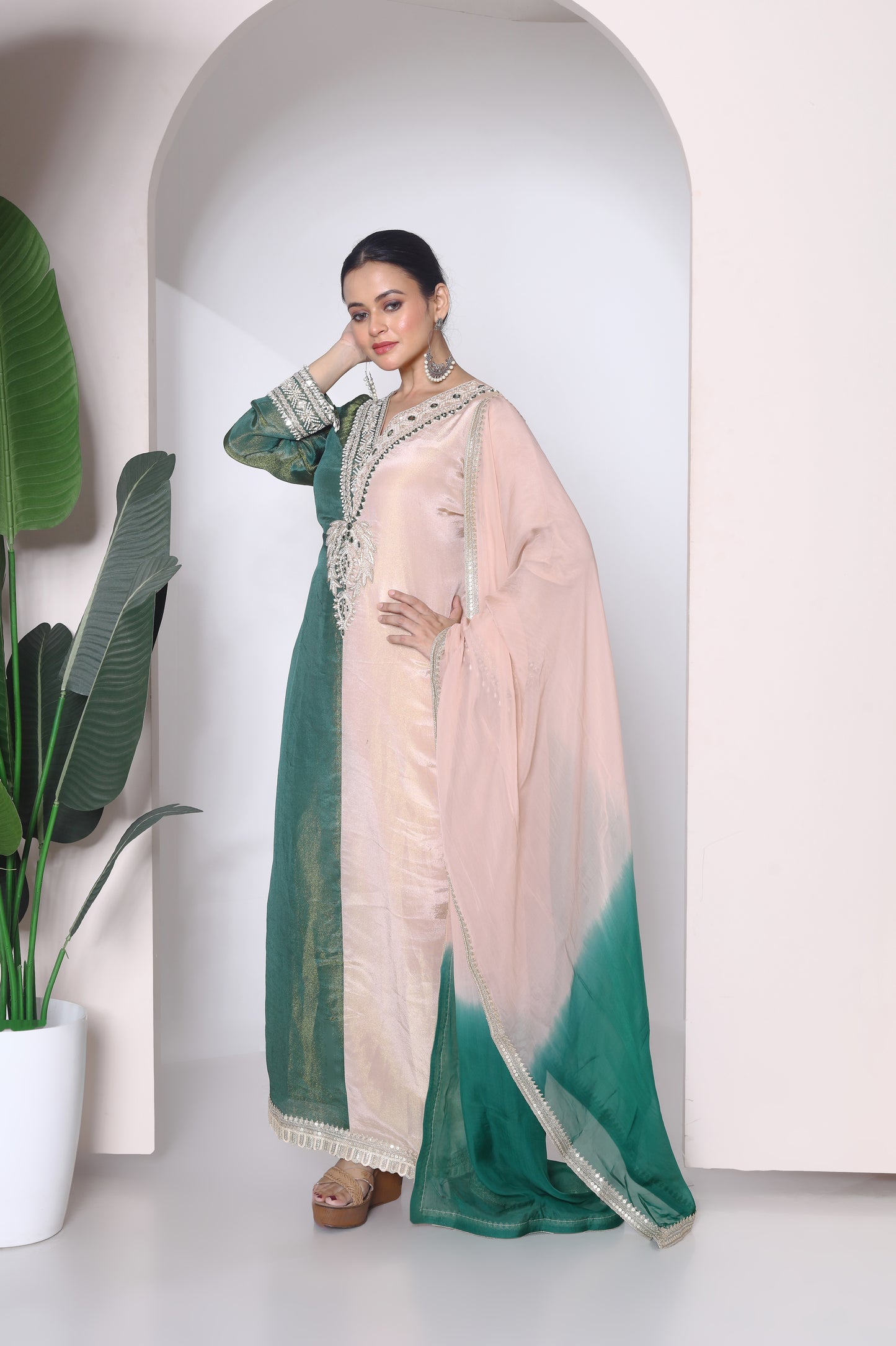Half n half tissue kurta set with shaded dupatta