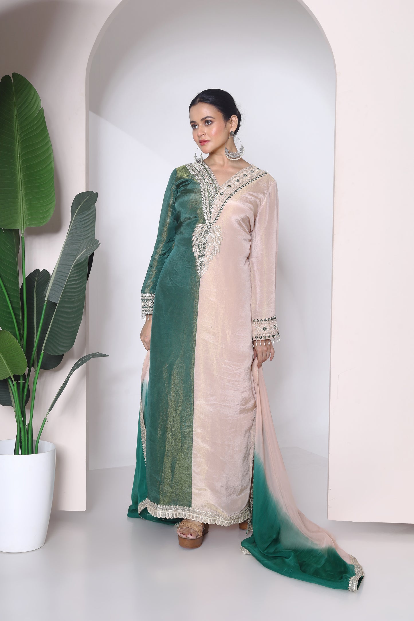 Half n half tissue kurta set with shaded dupatta