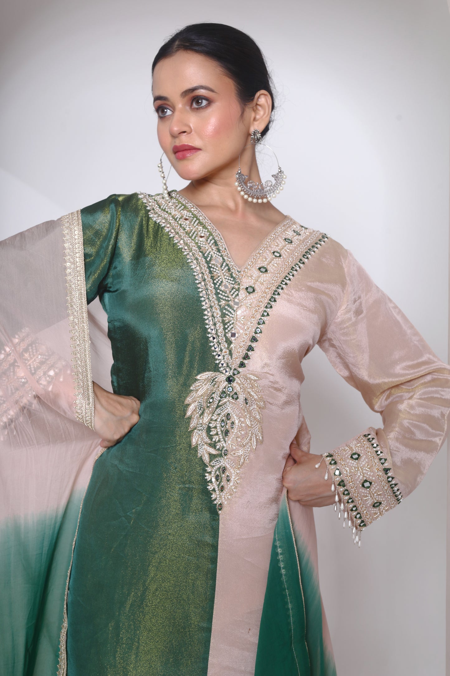 Half n half tissue kurta set with shaded dupatta