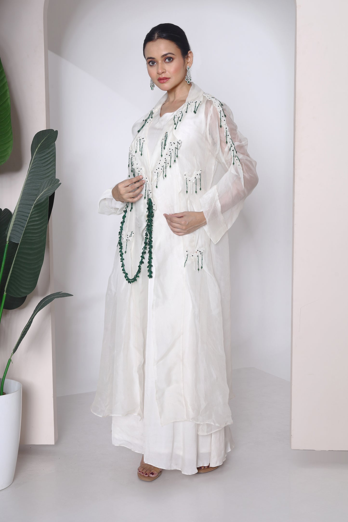 Pure organza Long jacket and long sleeveless gown set