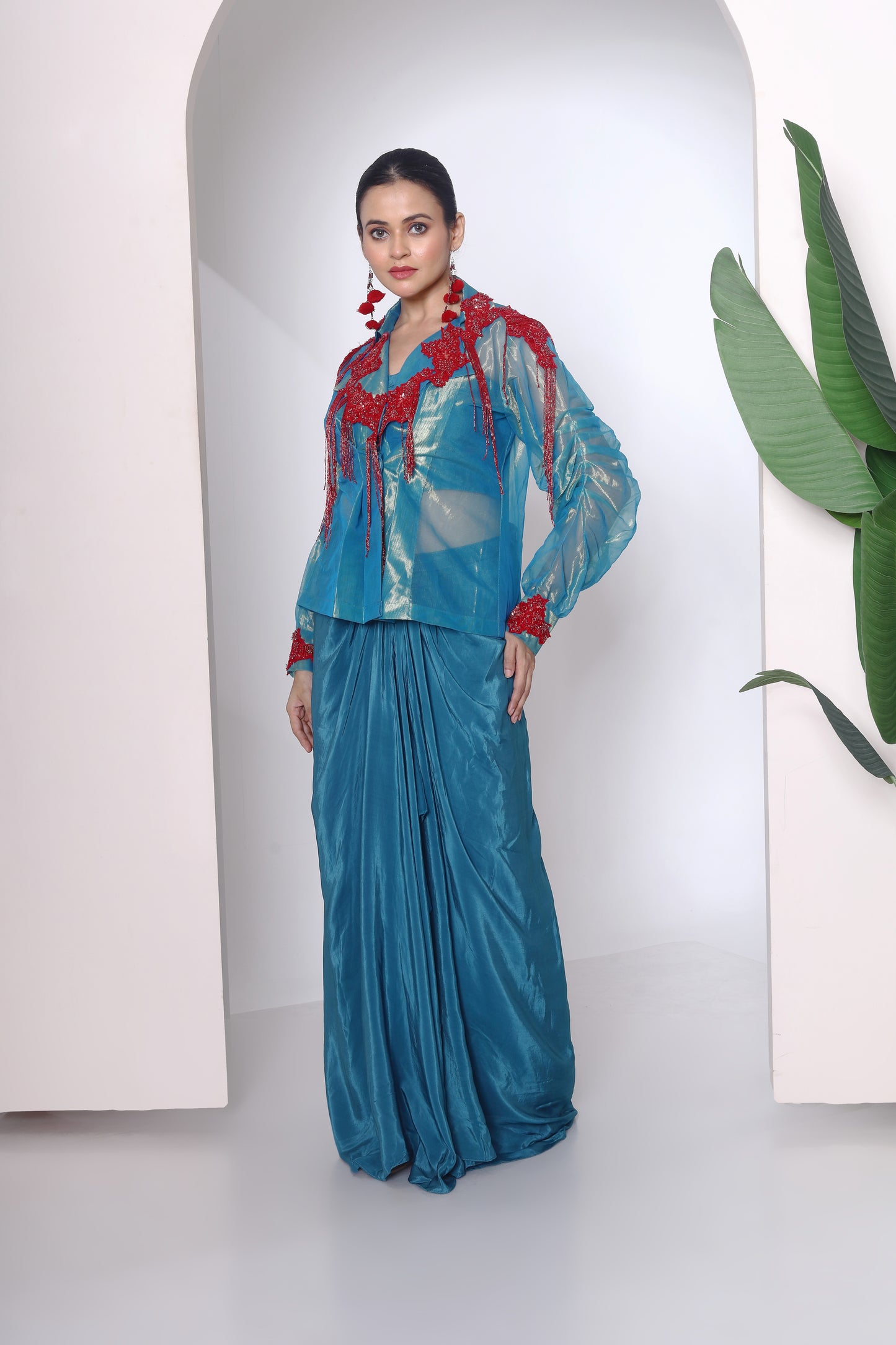 Green tissue fabric jacket and drape skirt set