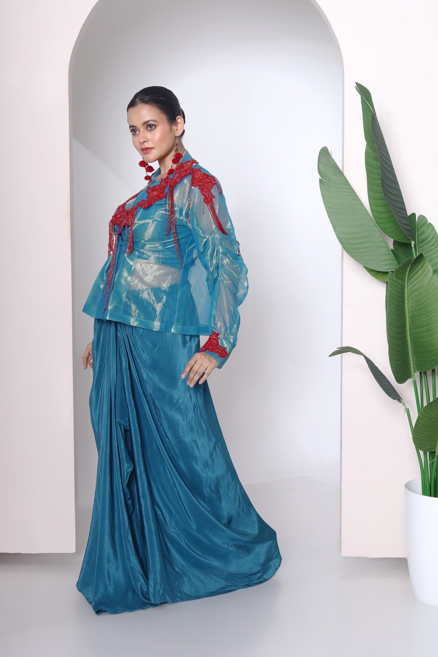 Green tissue fabric jacket and drape skirt set