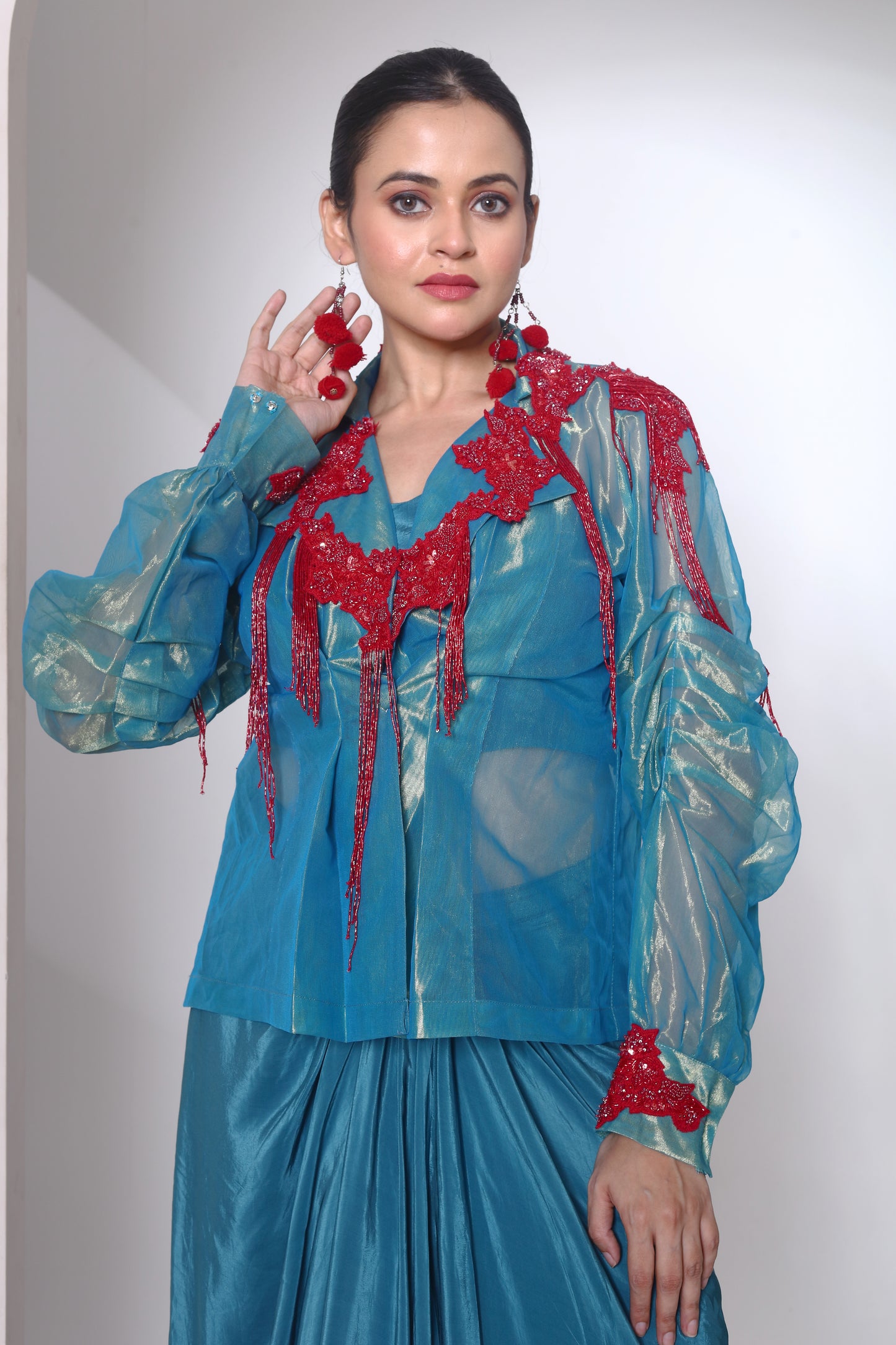 Green tissue fabric jacket and drape skirt set