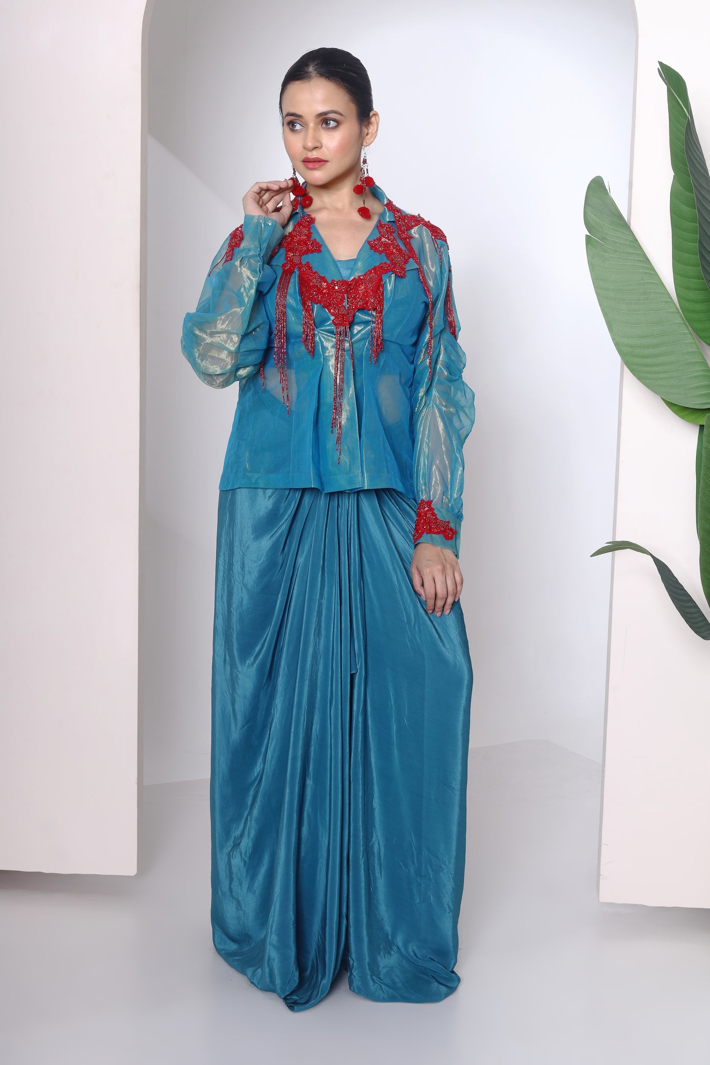 Green tissue fabric jacket and drape skirt set