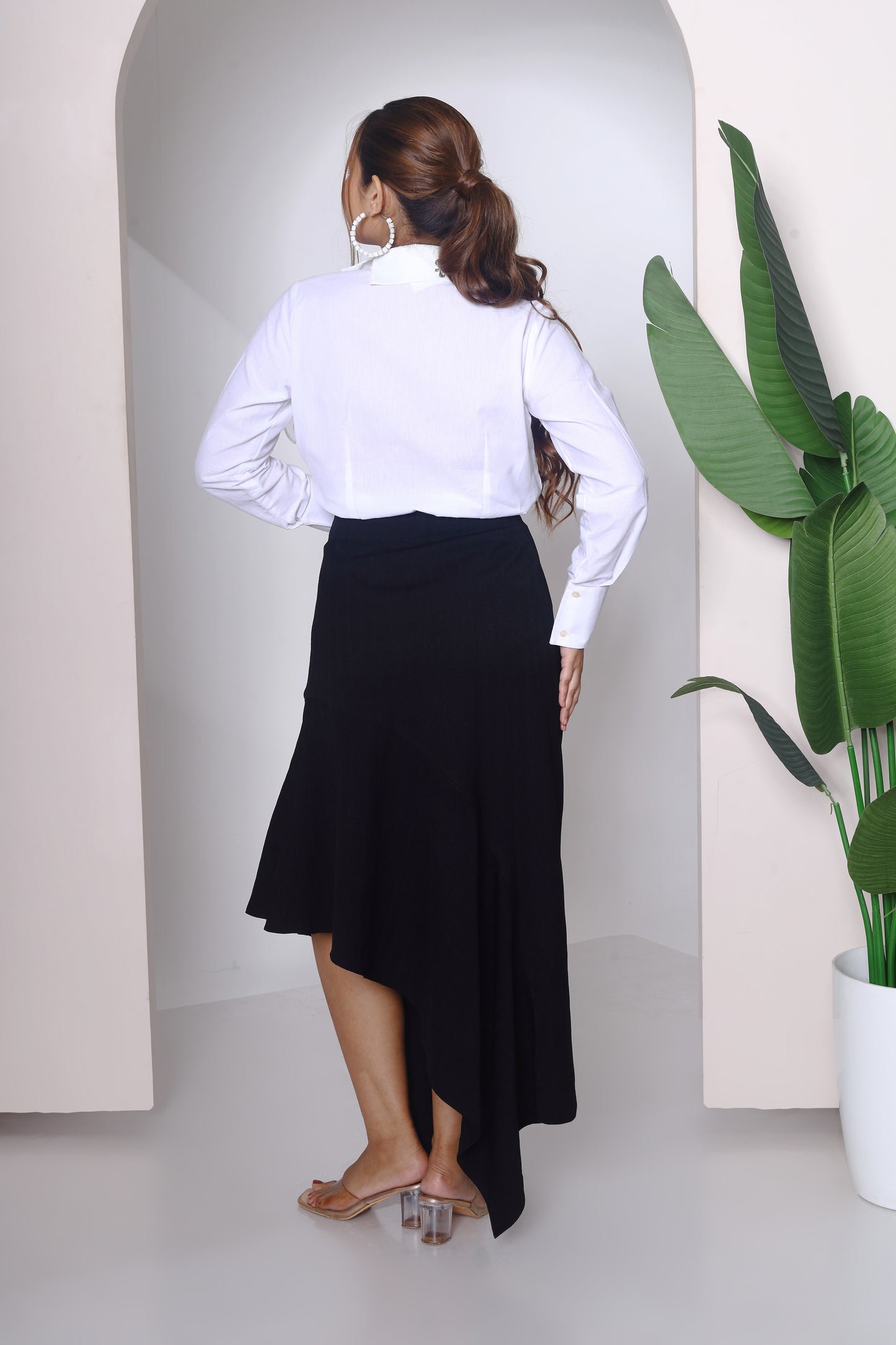Organza flower side collar shirt with skirt