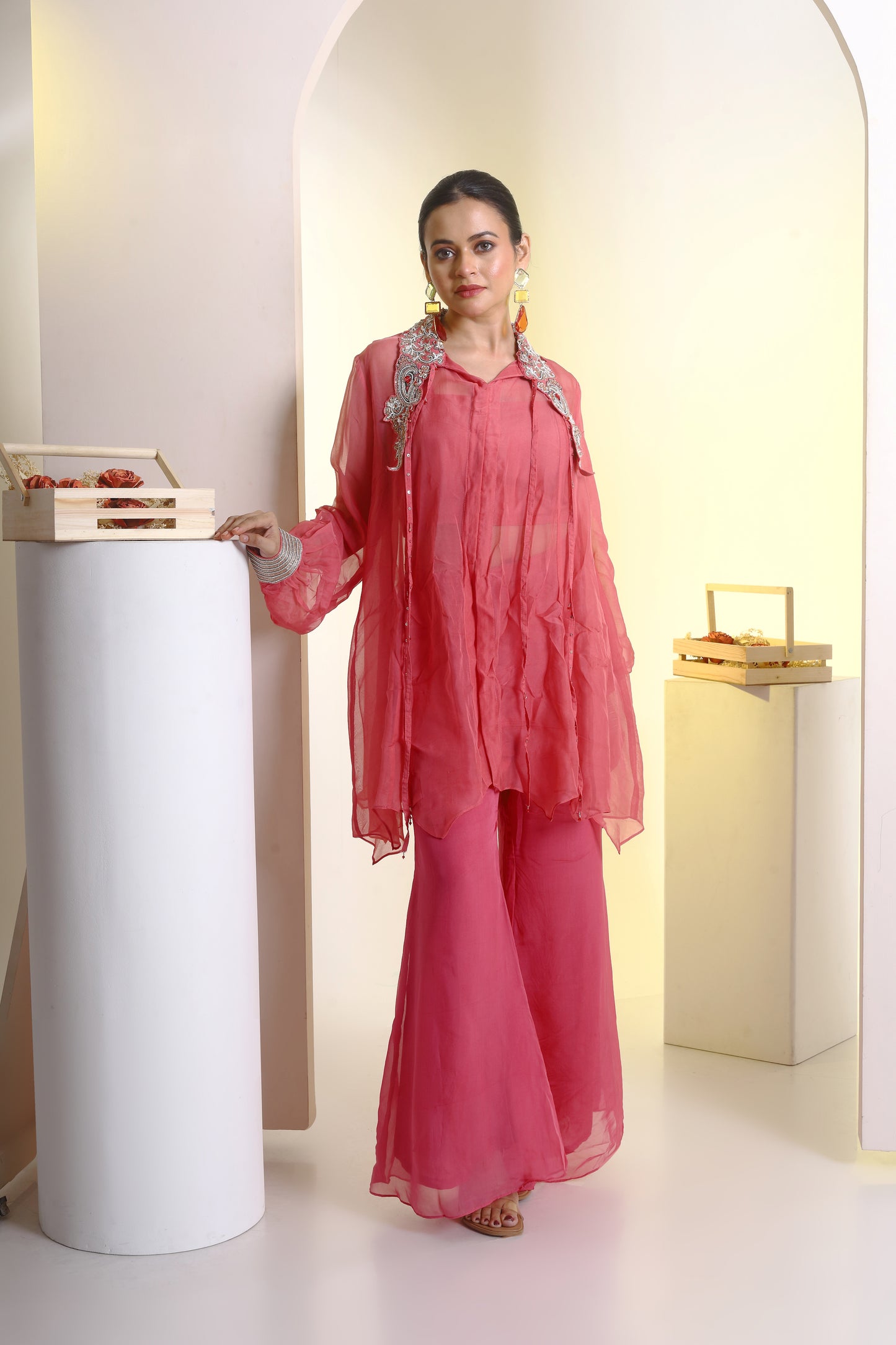 Organza oversized shirt , bustier and bell bottoms