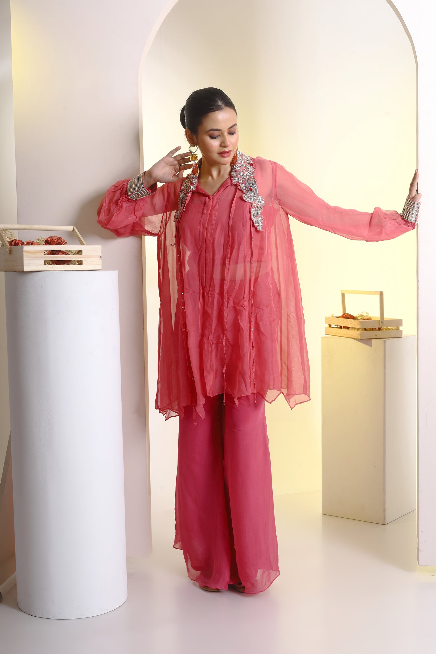 Organza oversized shirt , bustier and bell bottoms